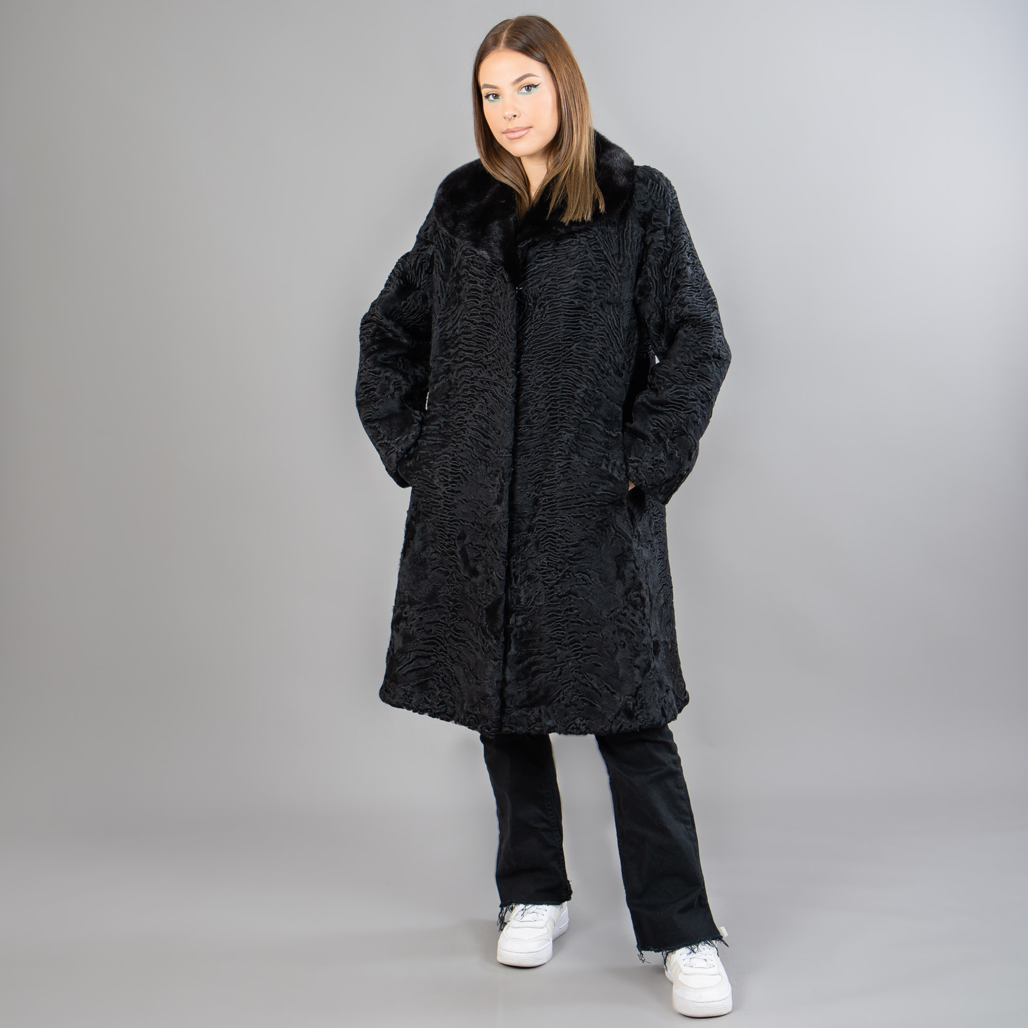 atrakhan and mink fur coat in black color
