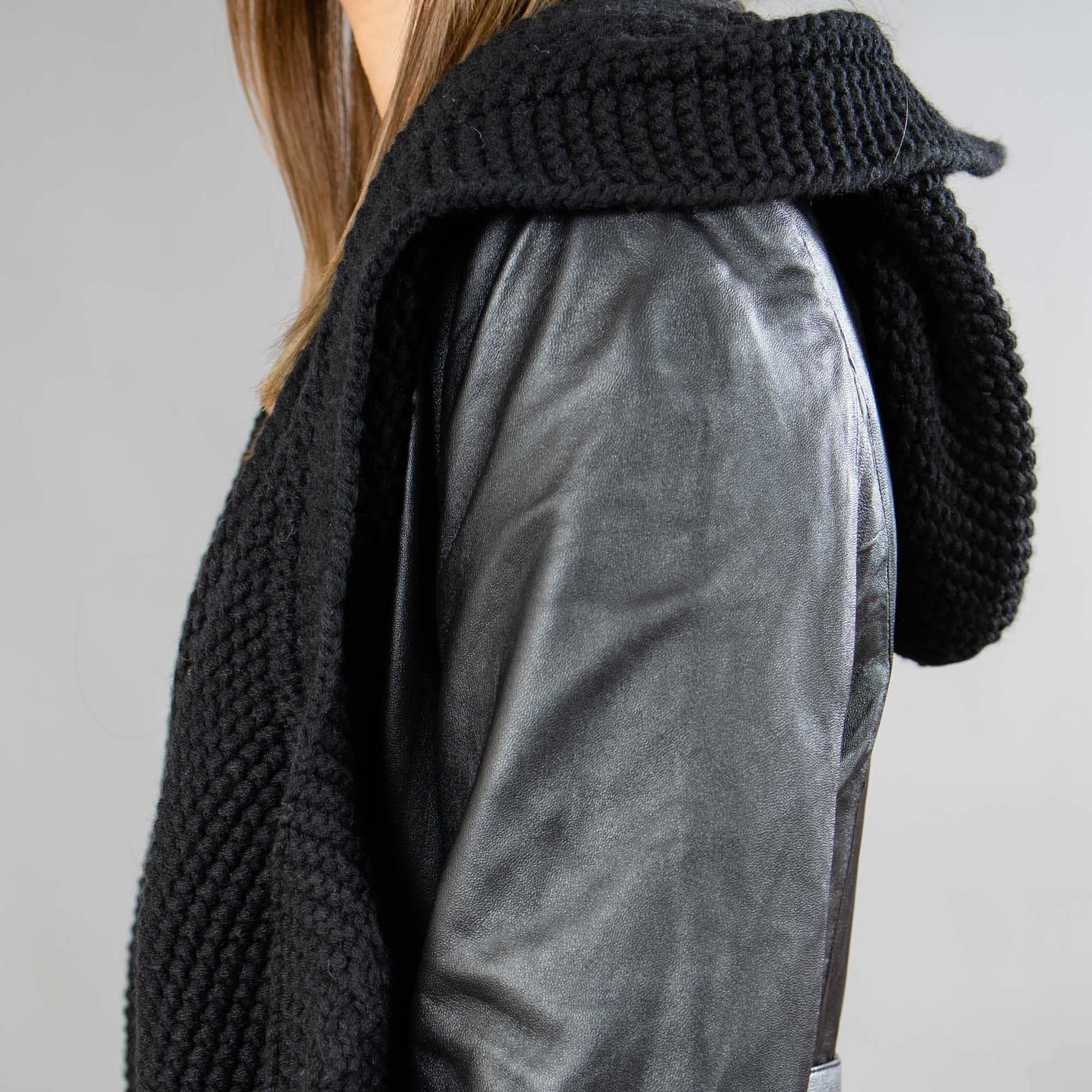 Leather jacket with a hood in black color