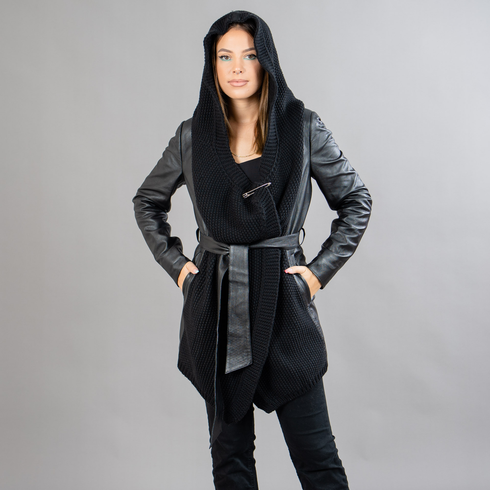 Leather jacket with a hood in black color