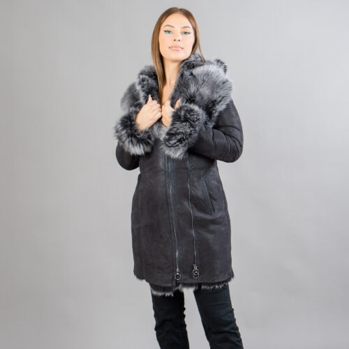 Black sheepskin coat with a hood