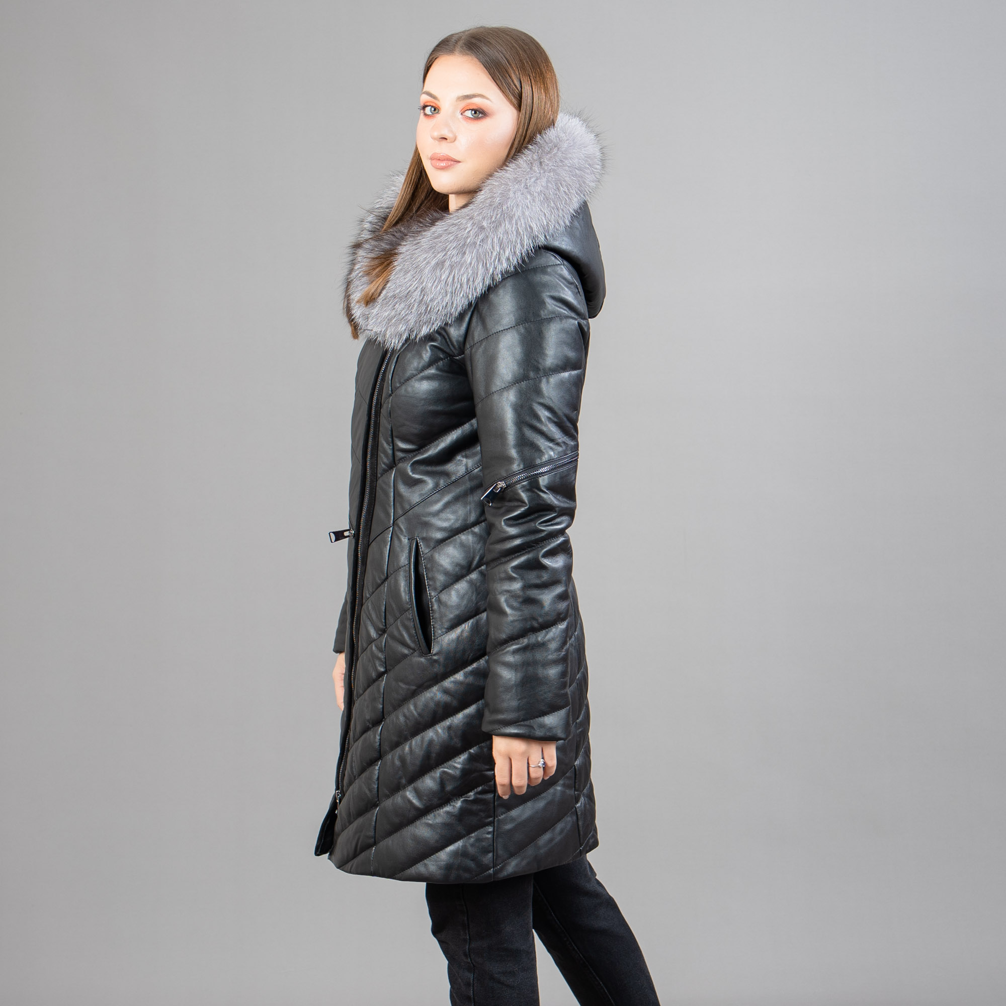 leather coat with fox fur hood