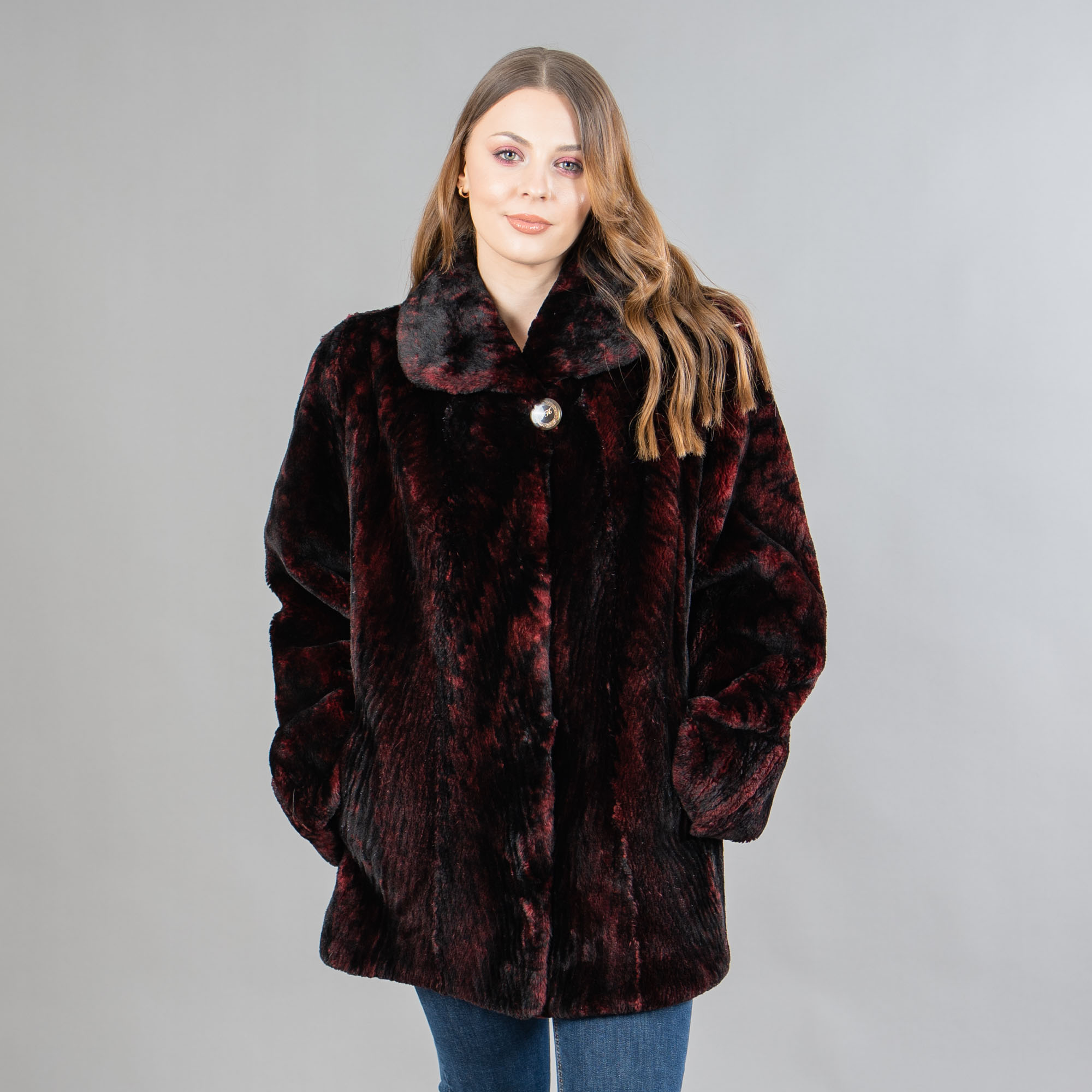 burgundy beaver fur jacket with a collar