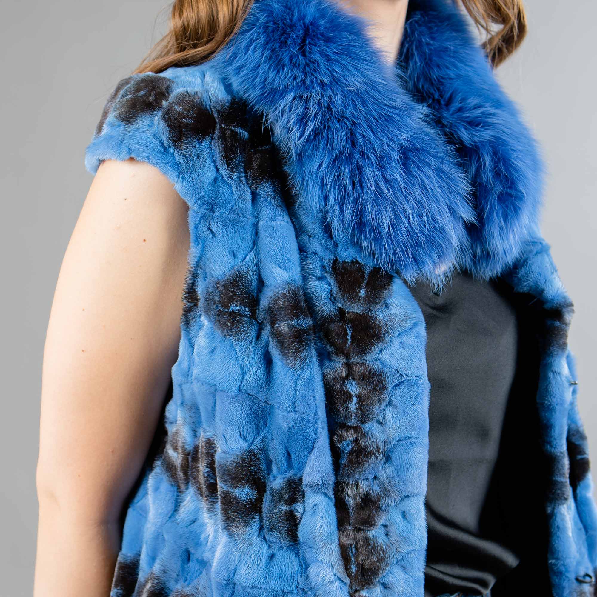 Blue mink fur vest with a fox fur collar