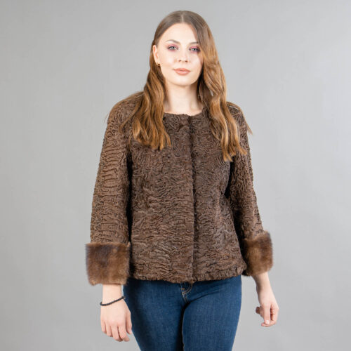 Brown short Astrakhan fur jacket with mink fur details