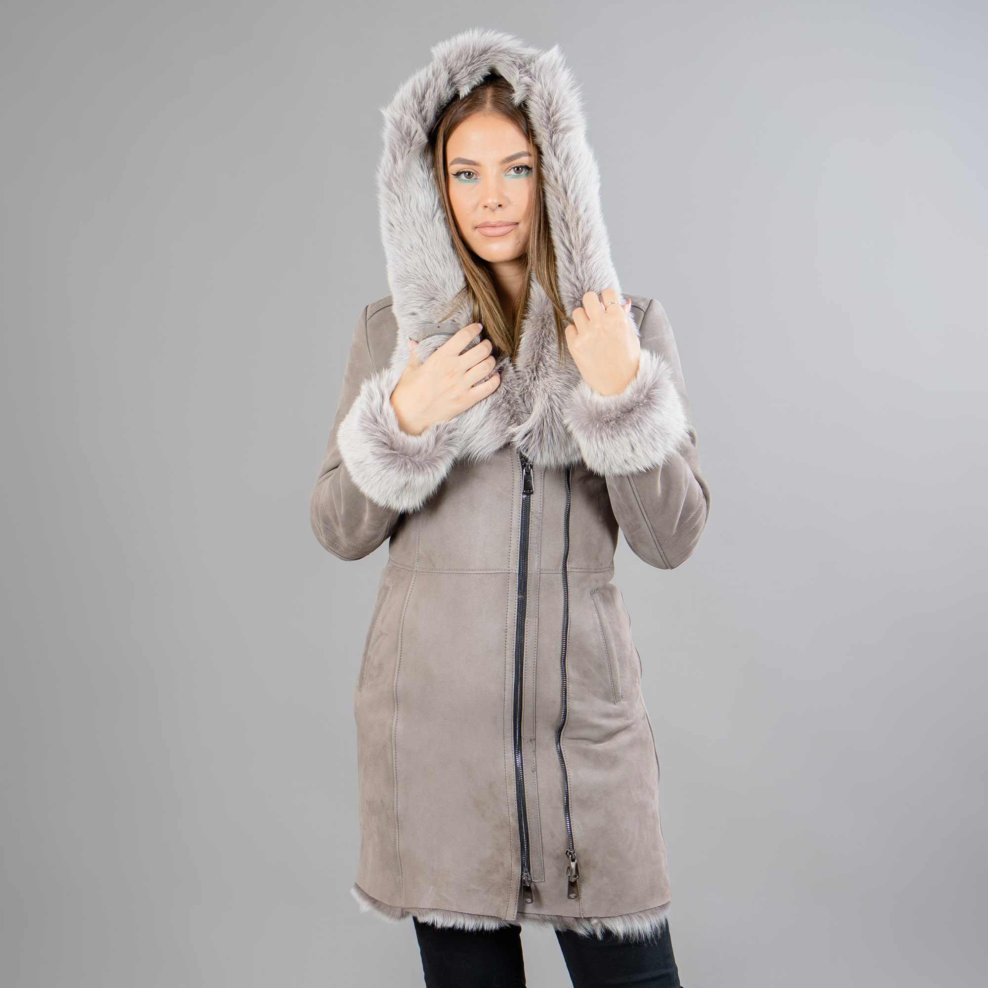 Gray sheepskin coat with a hood.