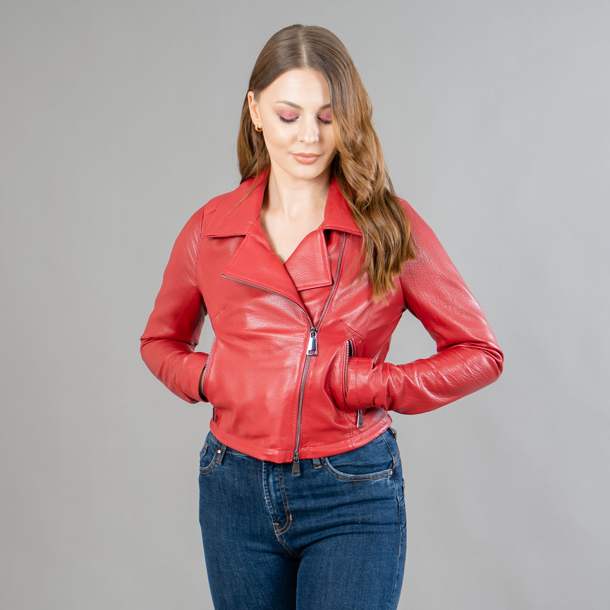 Short red leather jacket
