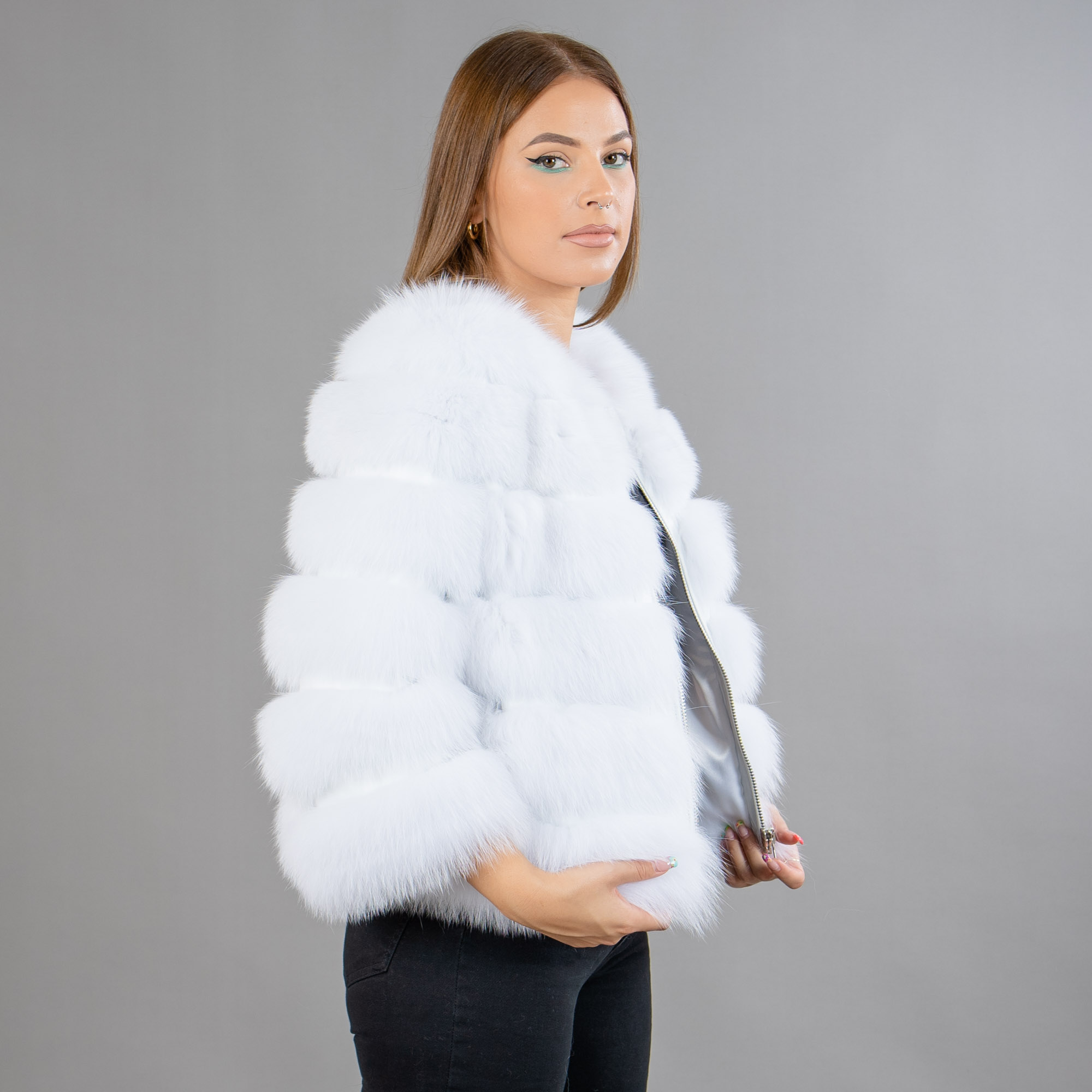 White fox fur jacket with leather details. 