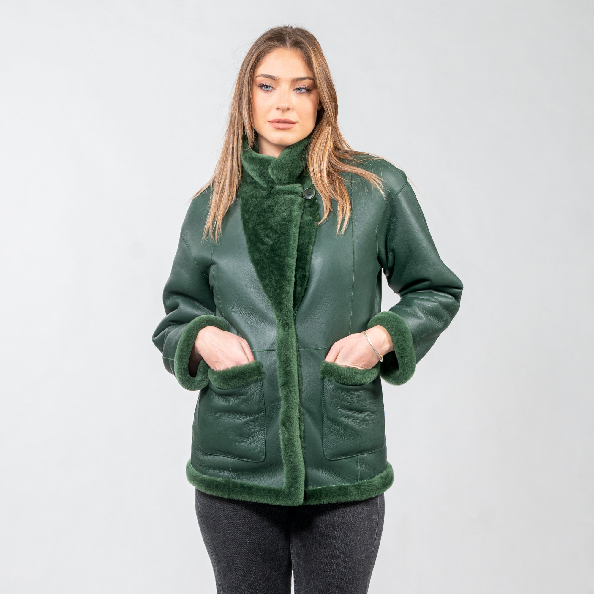 πράσινο γούνινο σακάκι μουτόν διπλής όψης