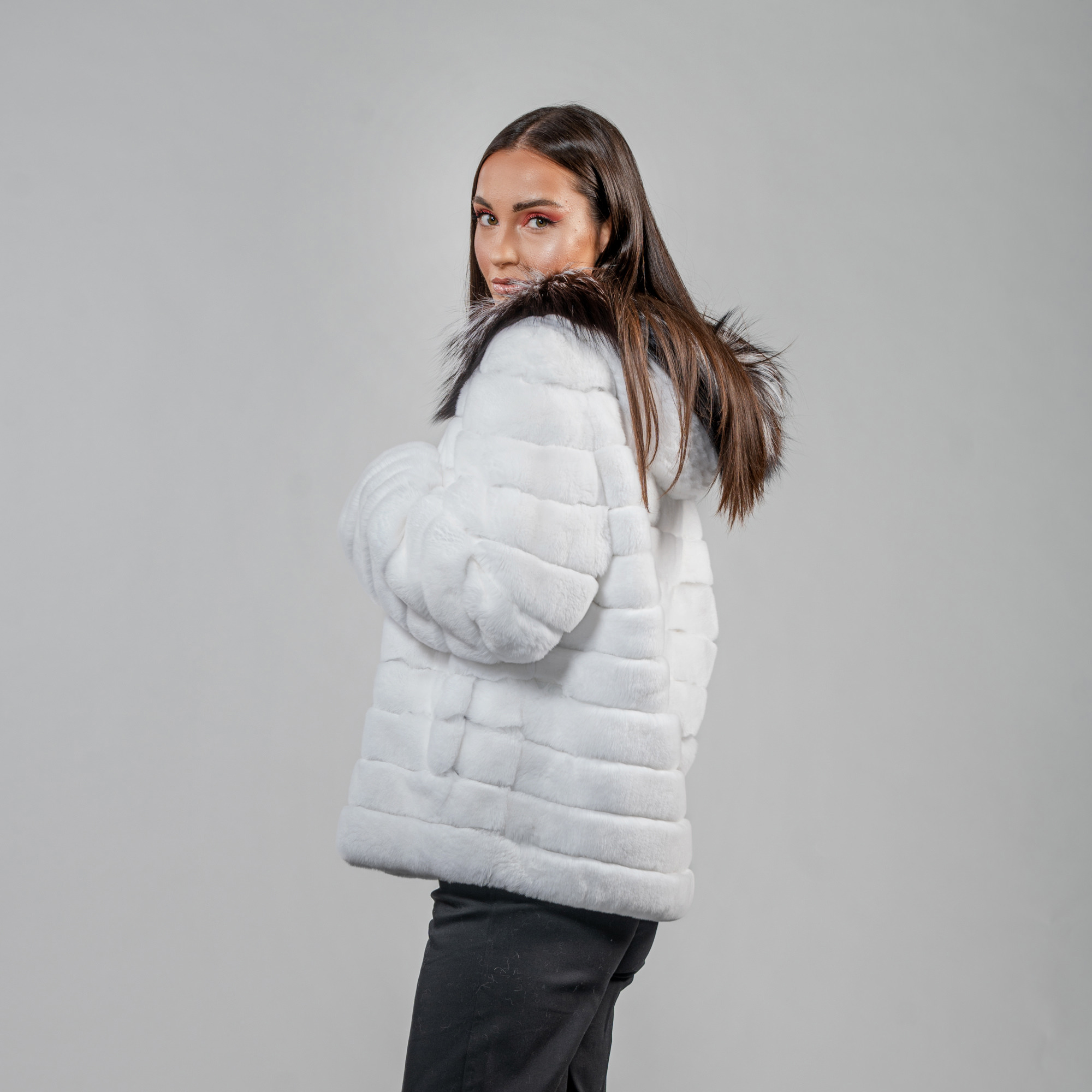 Rabbit fur jacket with fox fur details in white color