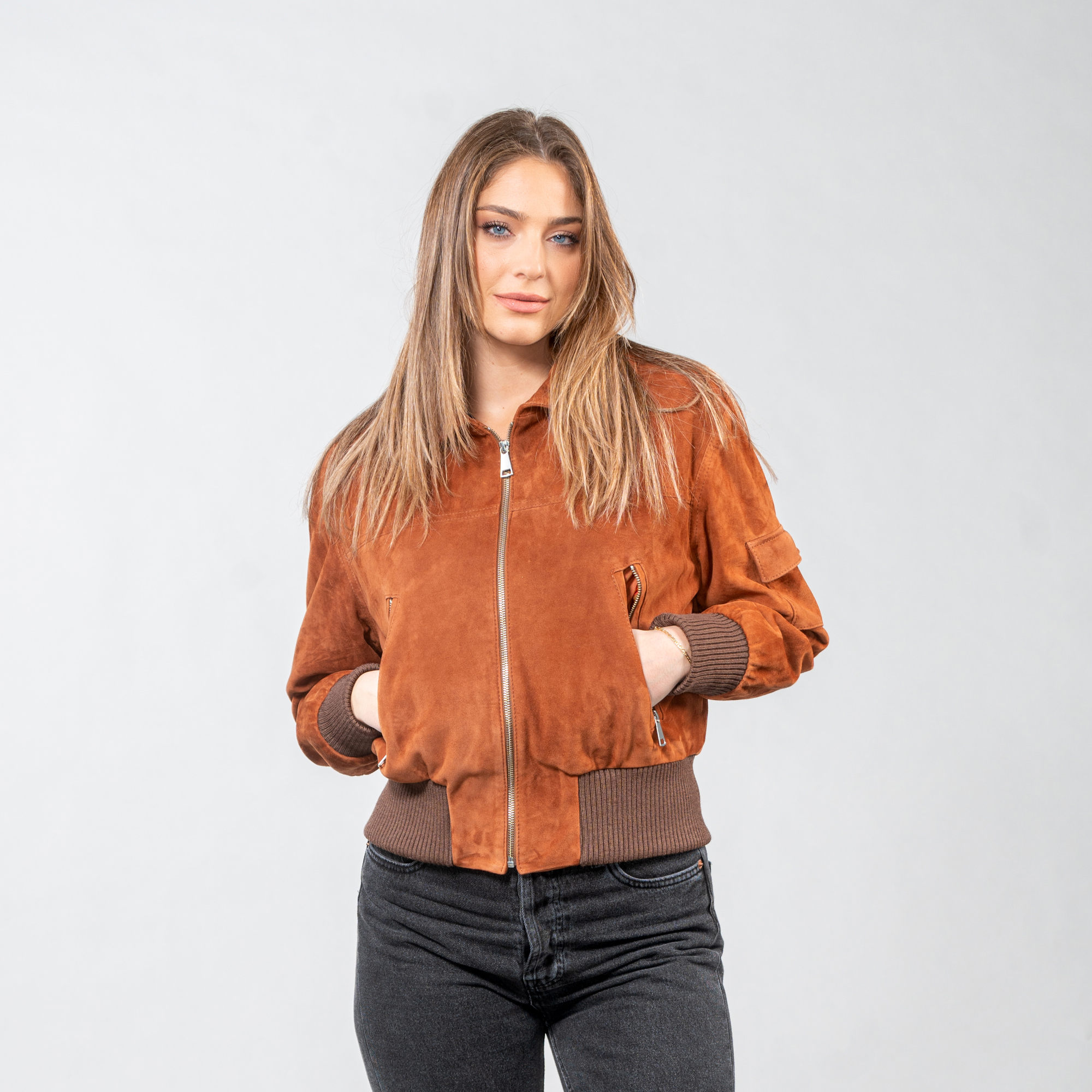 brown sheepskin jacket with a collar