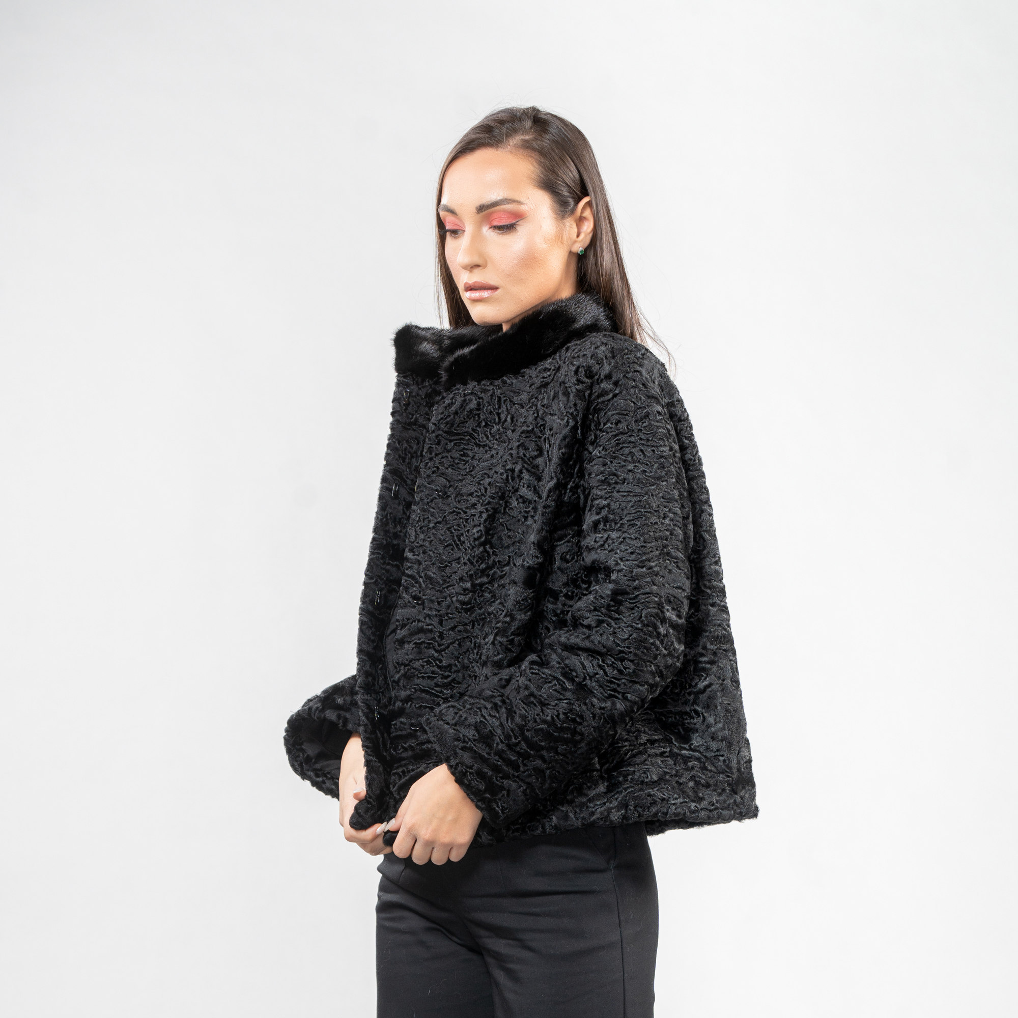 Black Astrakhan fur jacket with mink fur details