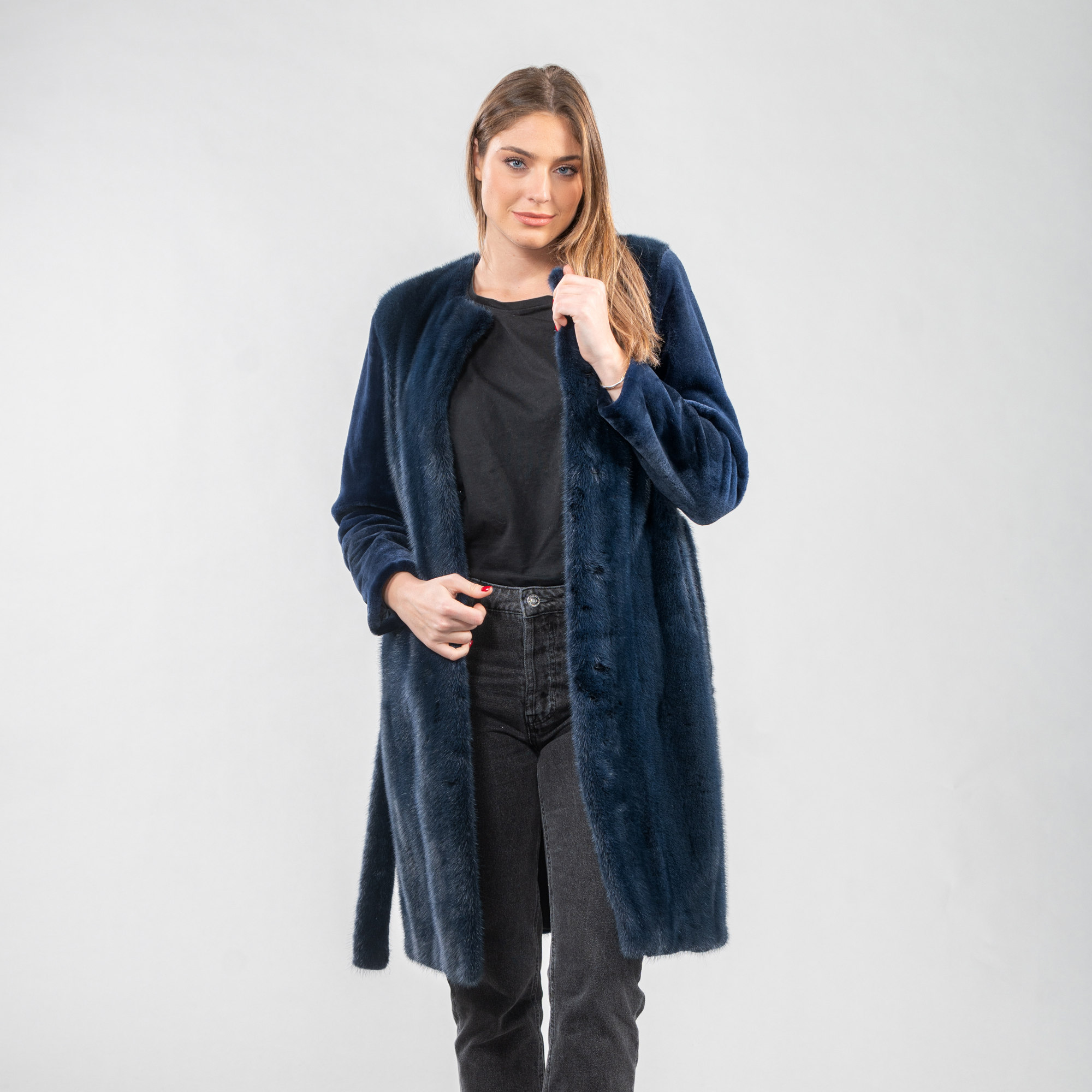 Blue mink fur coat with a belt and a collar