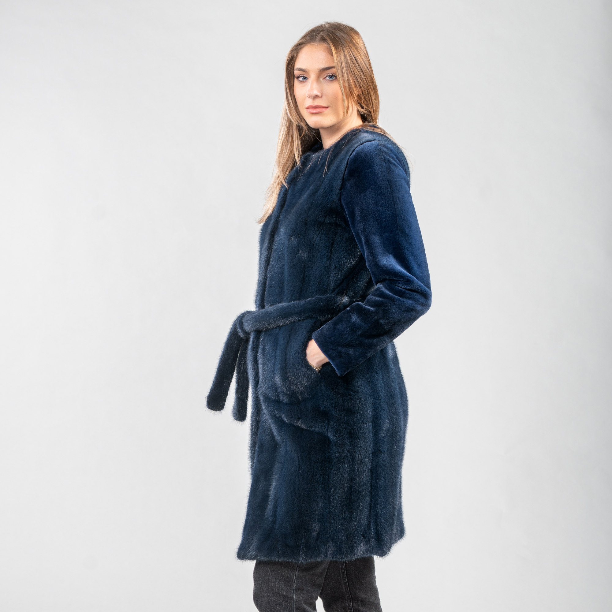 Blue mink fur coat with a belt and a collar