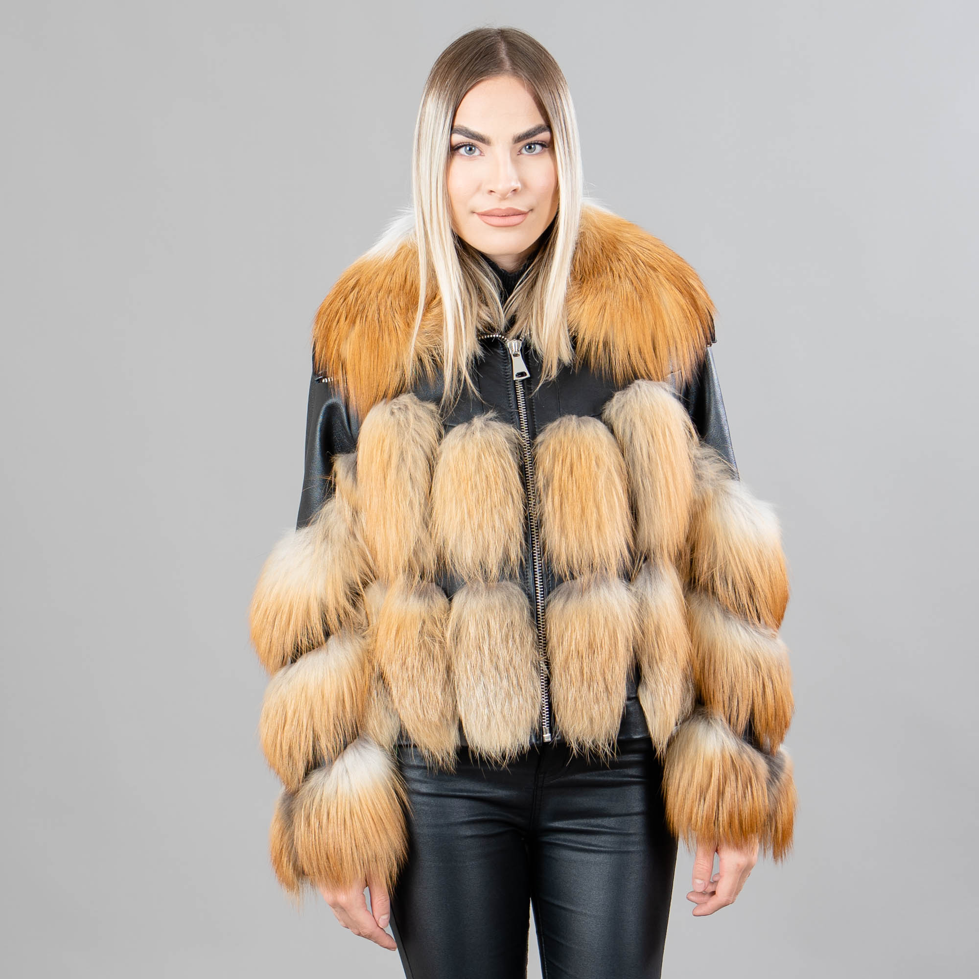 Leather jacket with golden fox fur