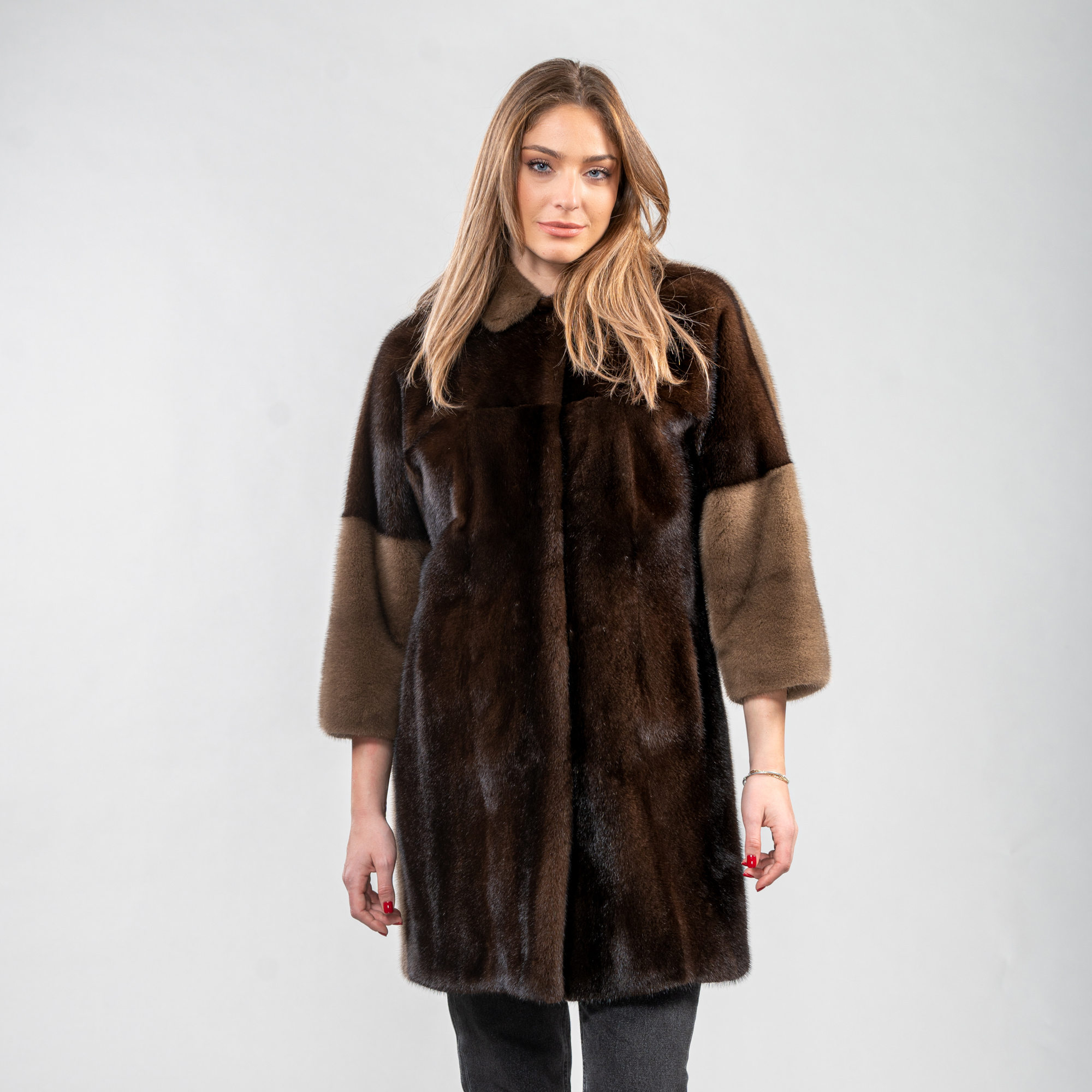 Brown mink fur coat with a collar