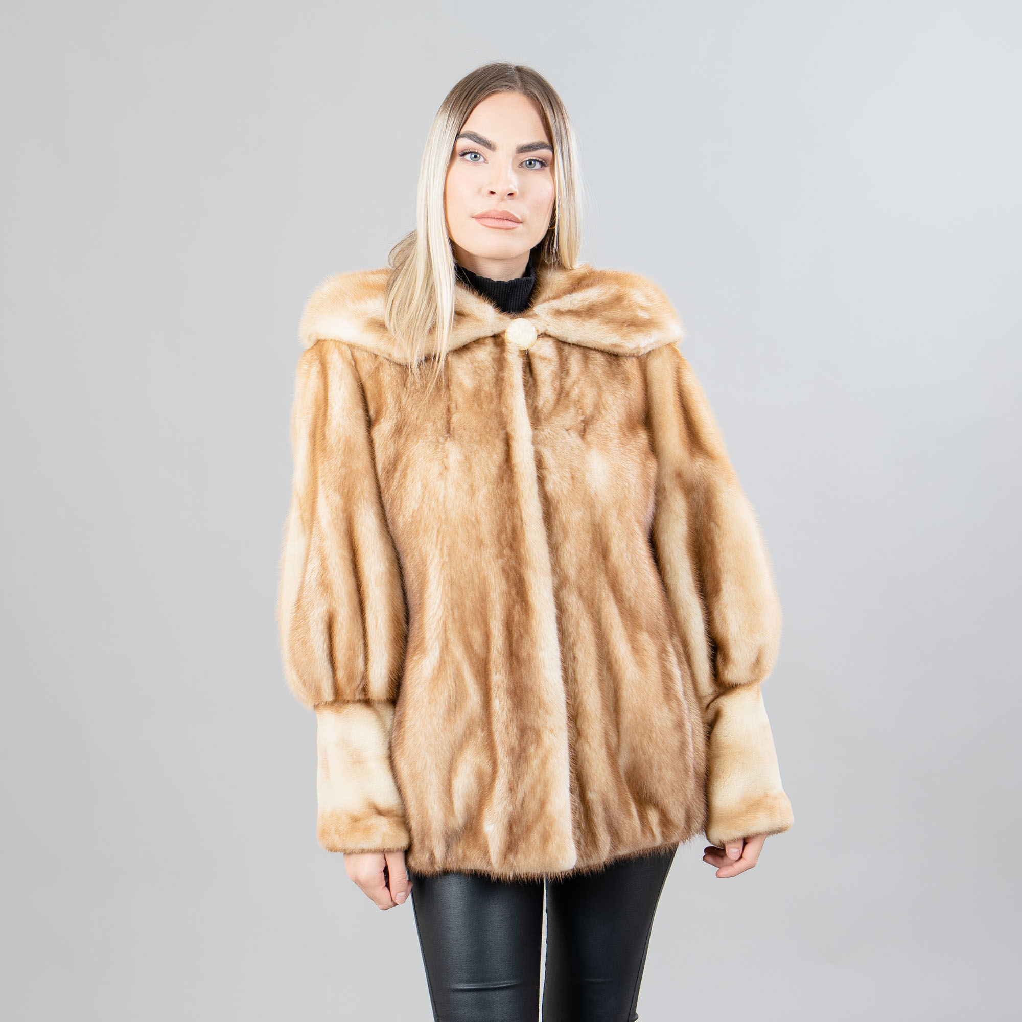 Mink fur jacket with a hood in beige color