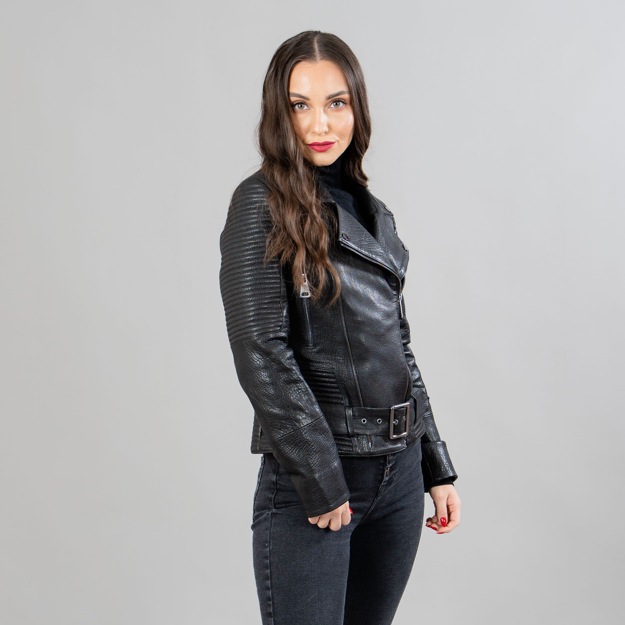 Leather jacket with a belt in black color