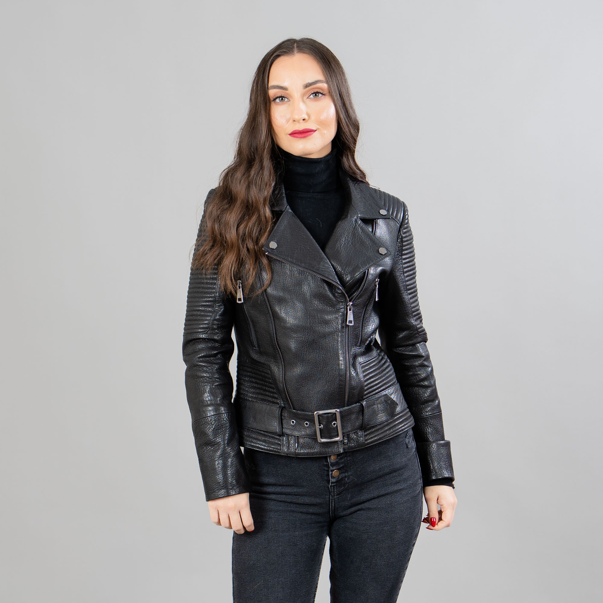 Leather jacket with a belt in black color