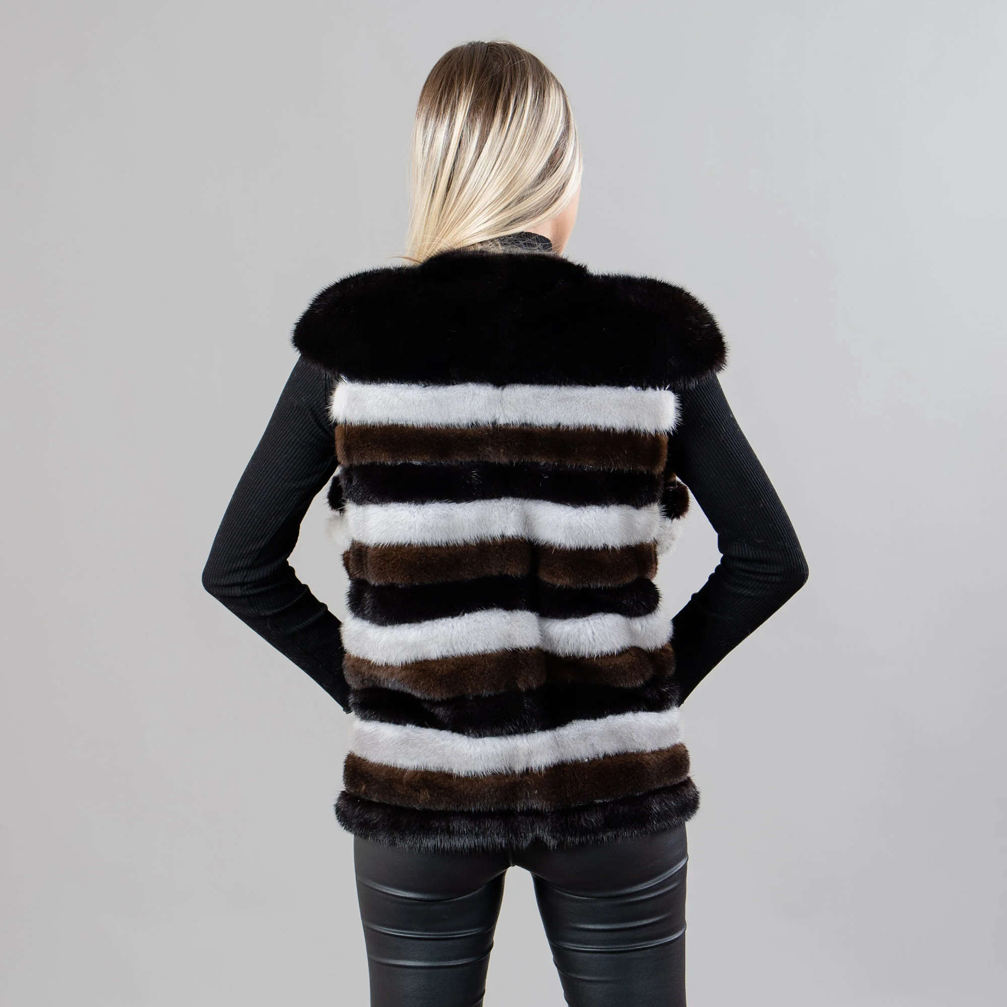 Mink fur vest with leather details in black color eFurs