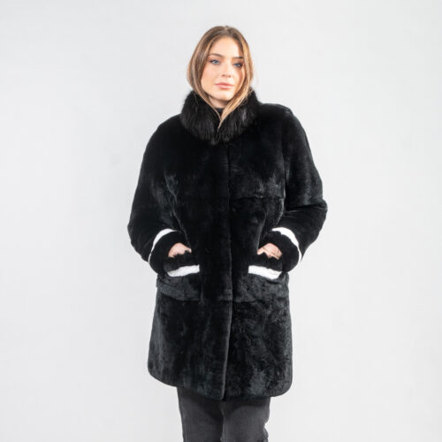 μαύρο γούνινο παλτό λαγού με στοιχεία αλεπούς