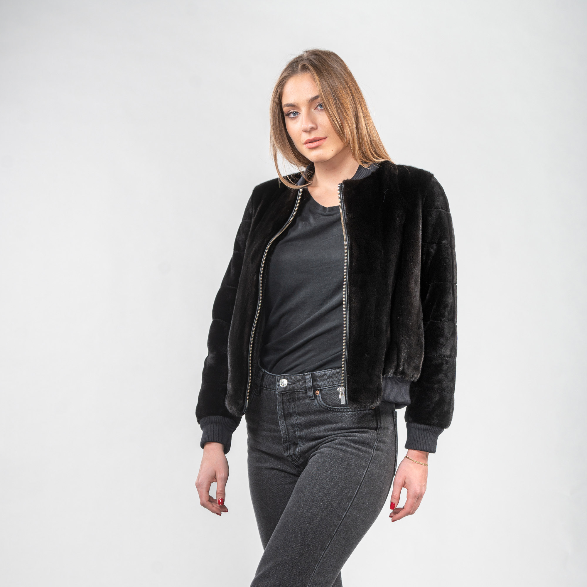 Mink fur short jacket in black color