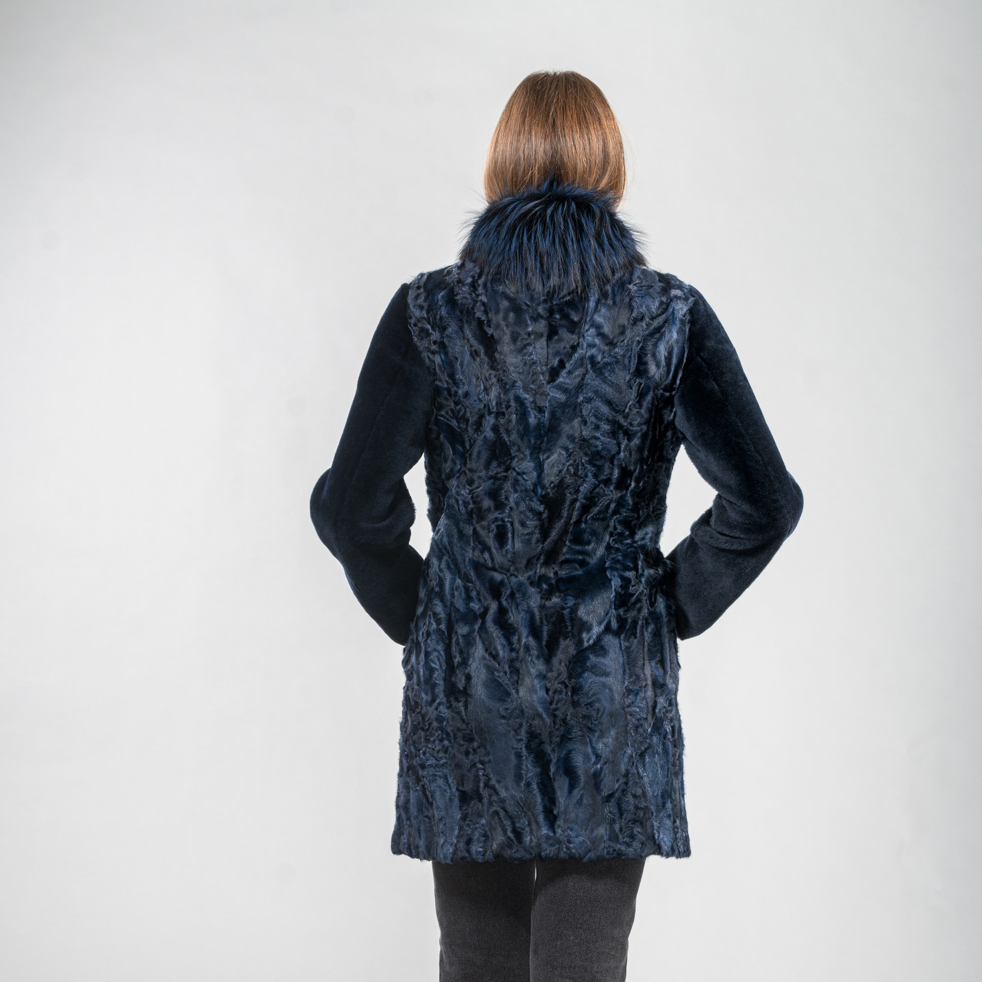 Blue Astrakhan fur coat with fur details