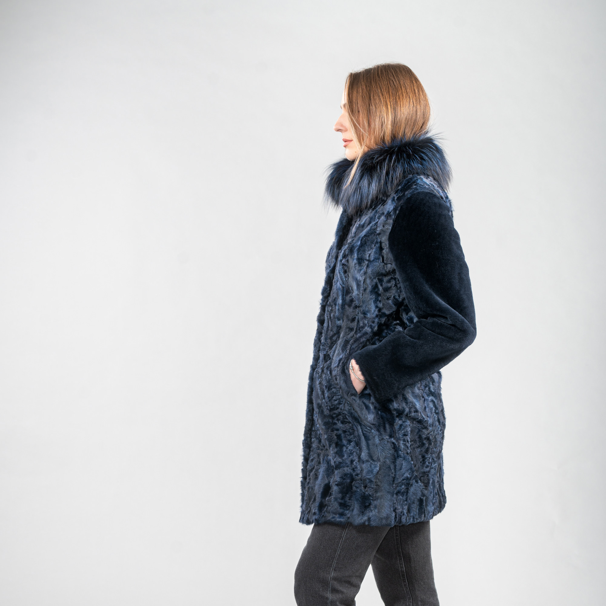 Blue Astrakhan fur coat with fur details