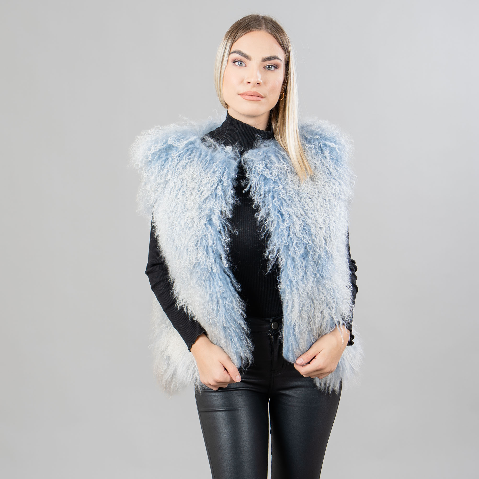 Mongolian sheep fur vest in blue color