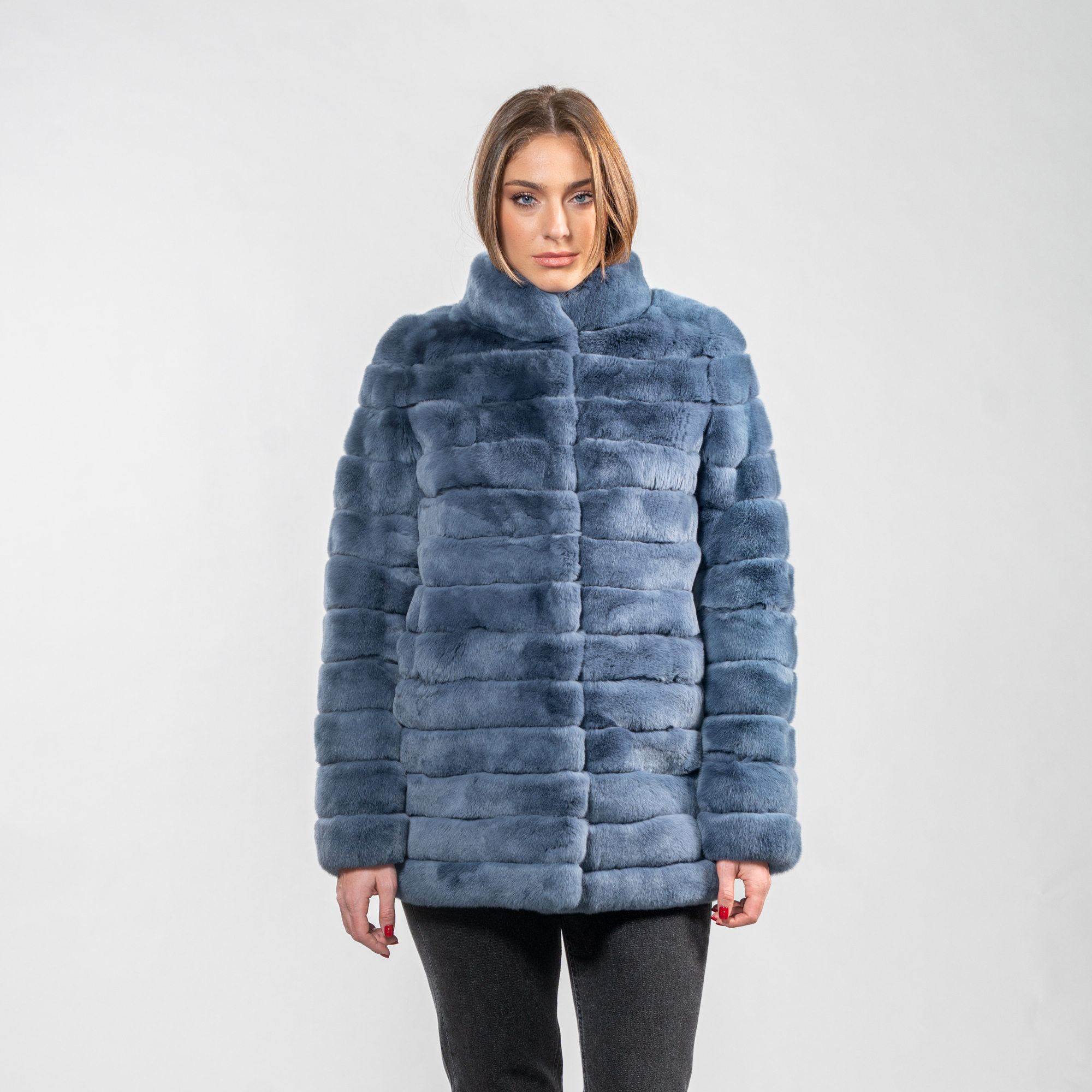 Rabbit fur jacket with a collar in blue color