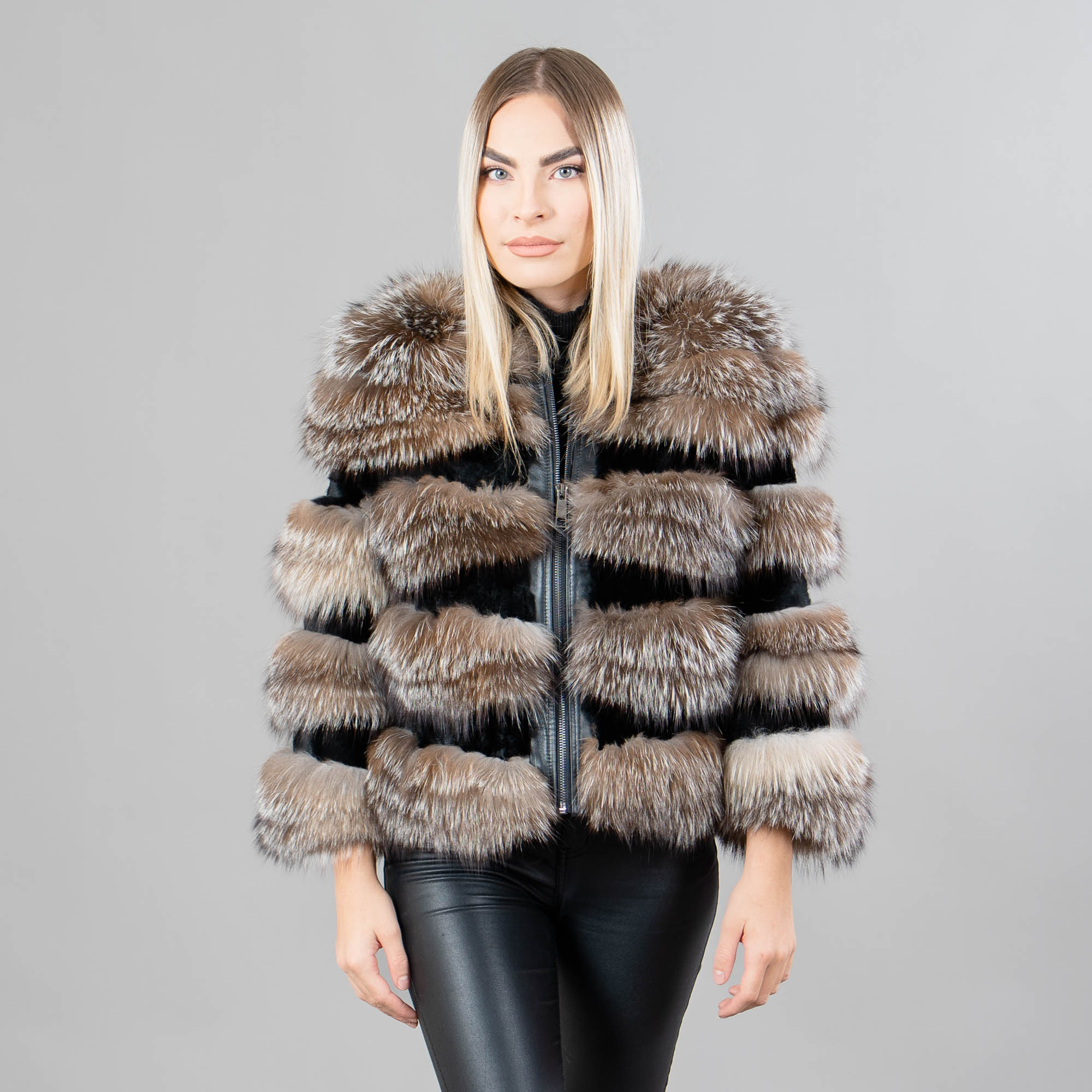 Brown fox fur jacket with rabbit fur details