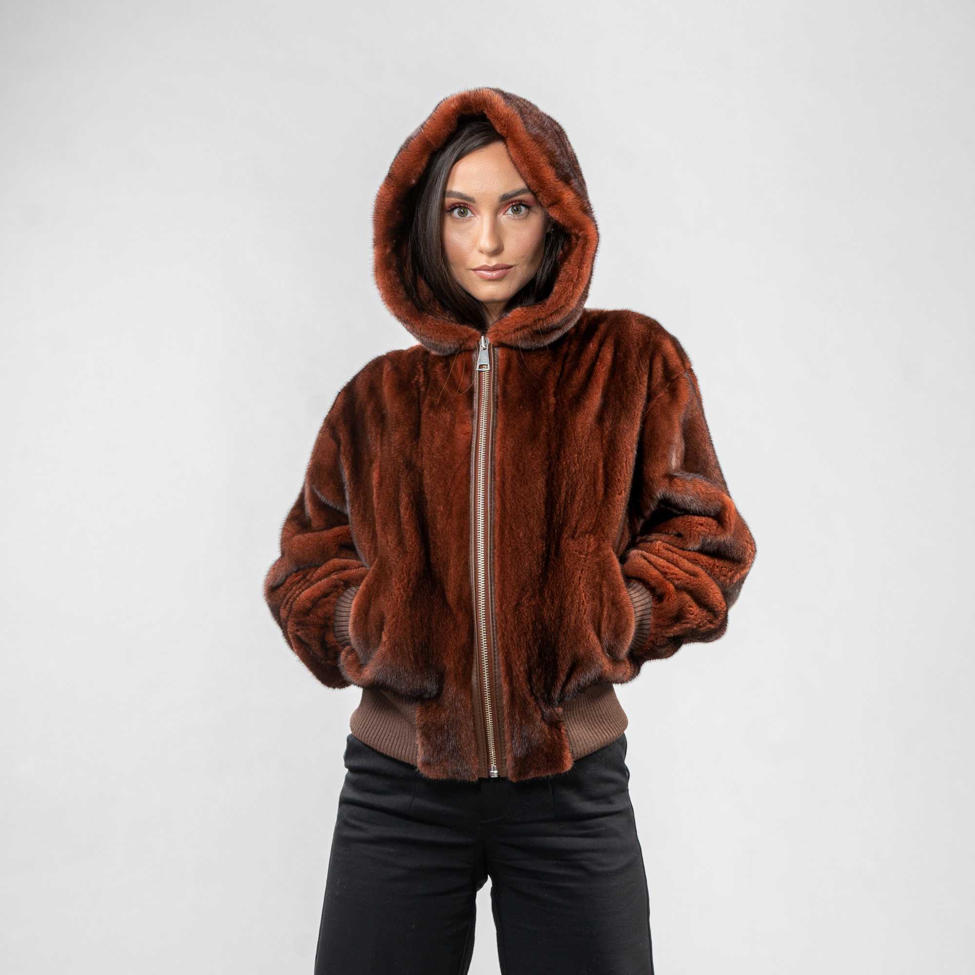 Mink fur jacket with a hood in brown color