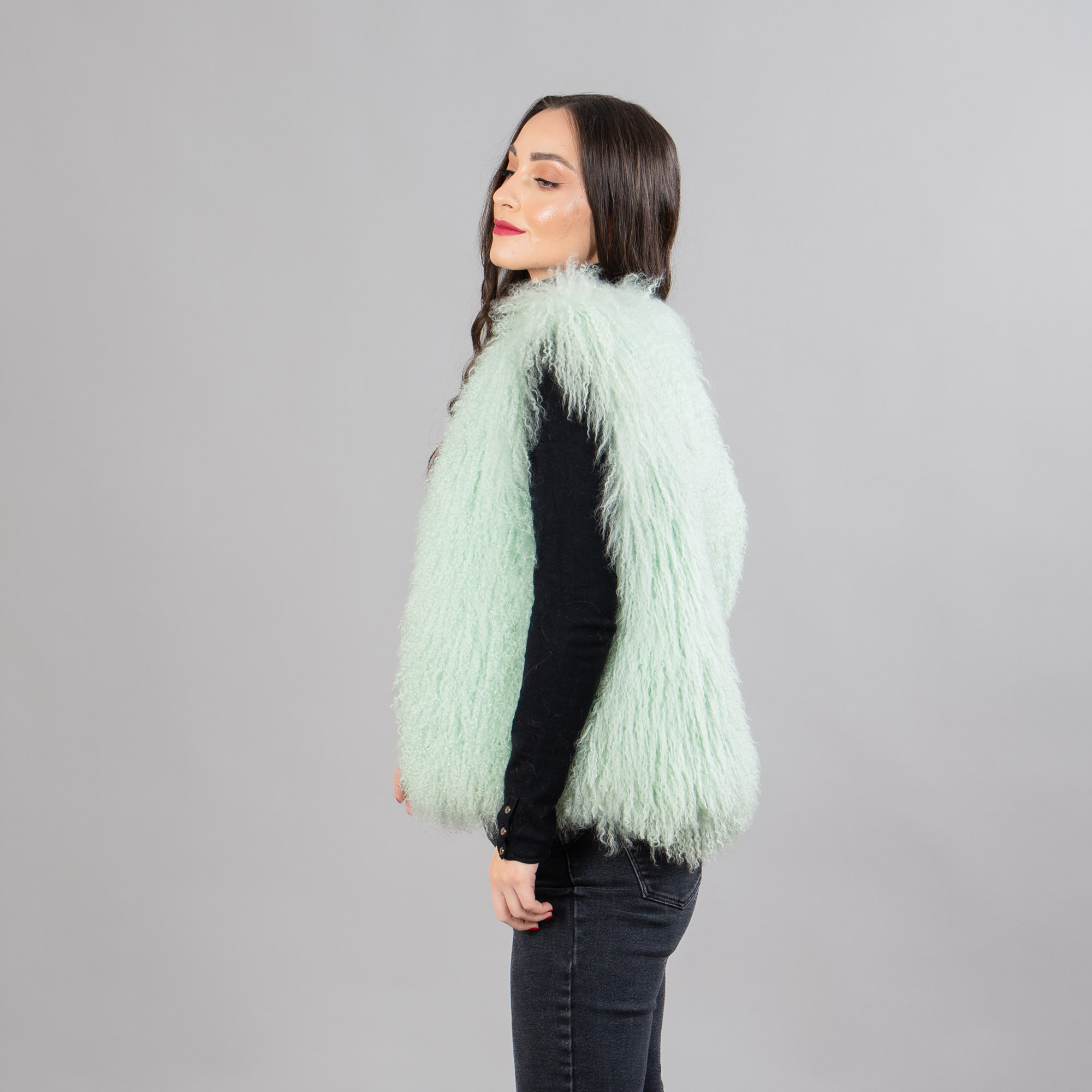 Mongolian sheep fur vest in green color