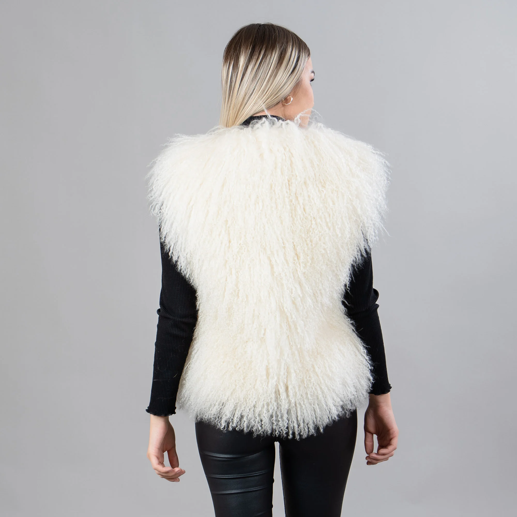 Mongolian sheep fur vest in white color
