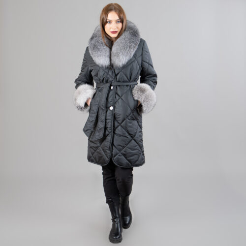 Black parka coat with detachable silver fox fur
