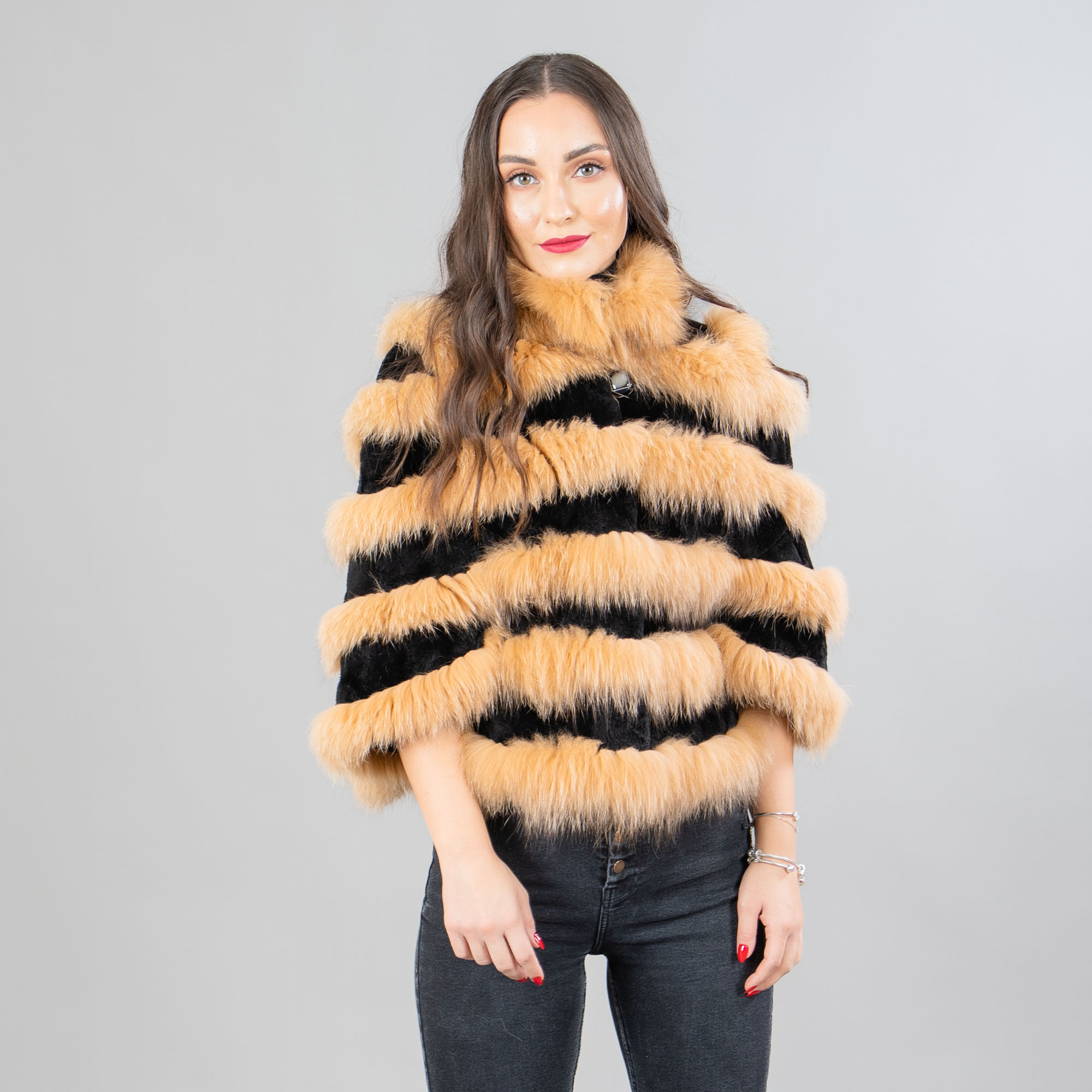 Fox fur cape with rabbit fur details in gold and black color