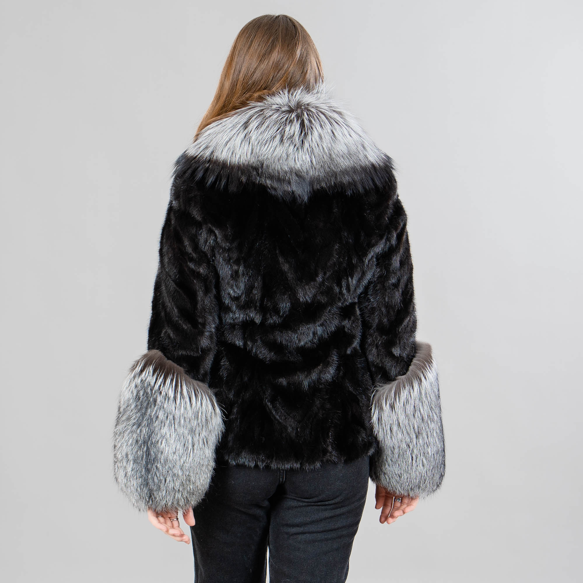 Mink fur jacket with fox fur details in black color