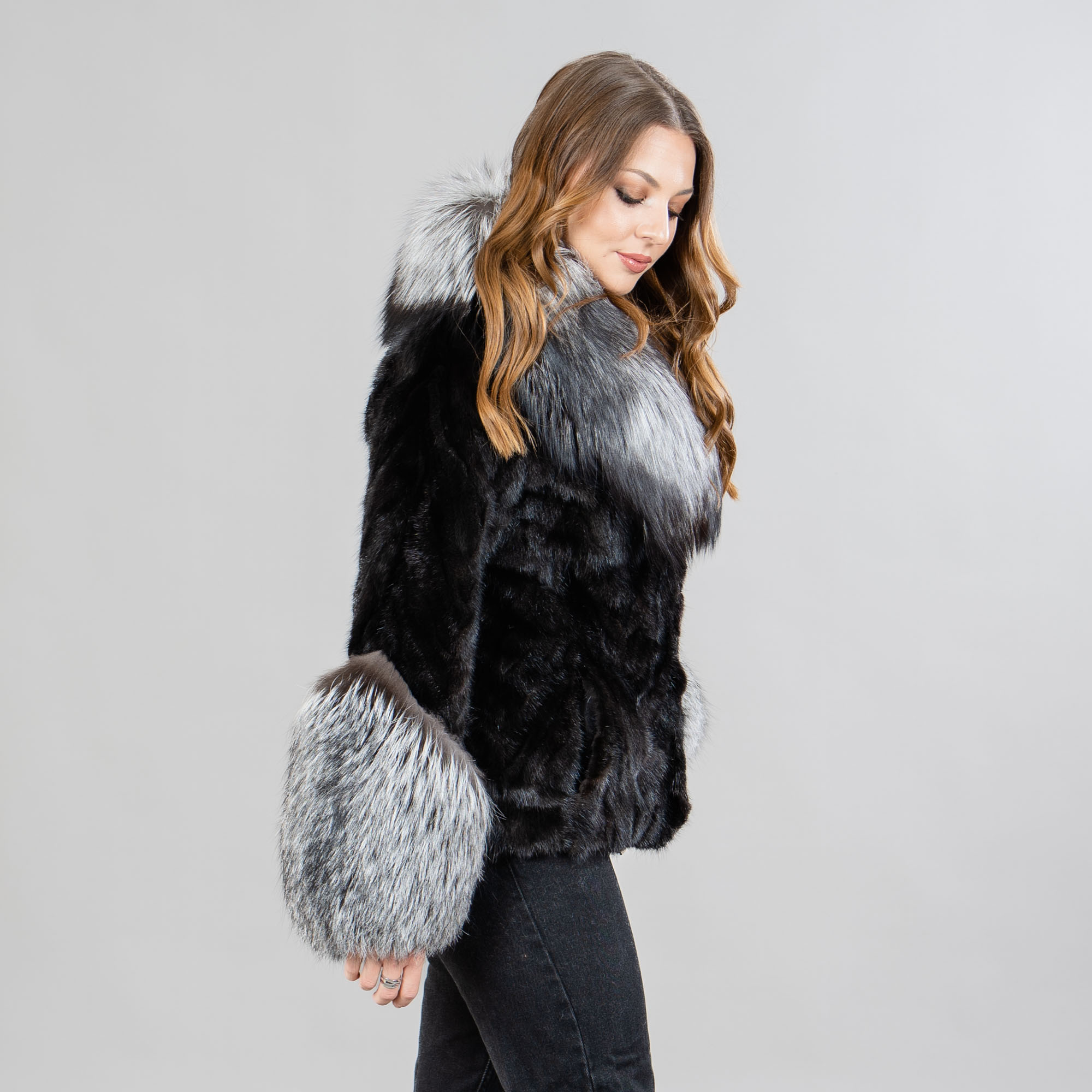 Mink fur jacket with fox fur details in black color