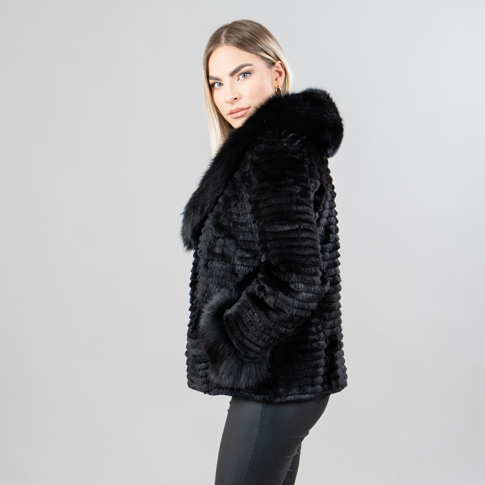 Rabbit fur  jacket with fox fur details in black color