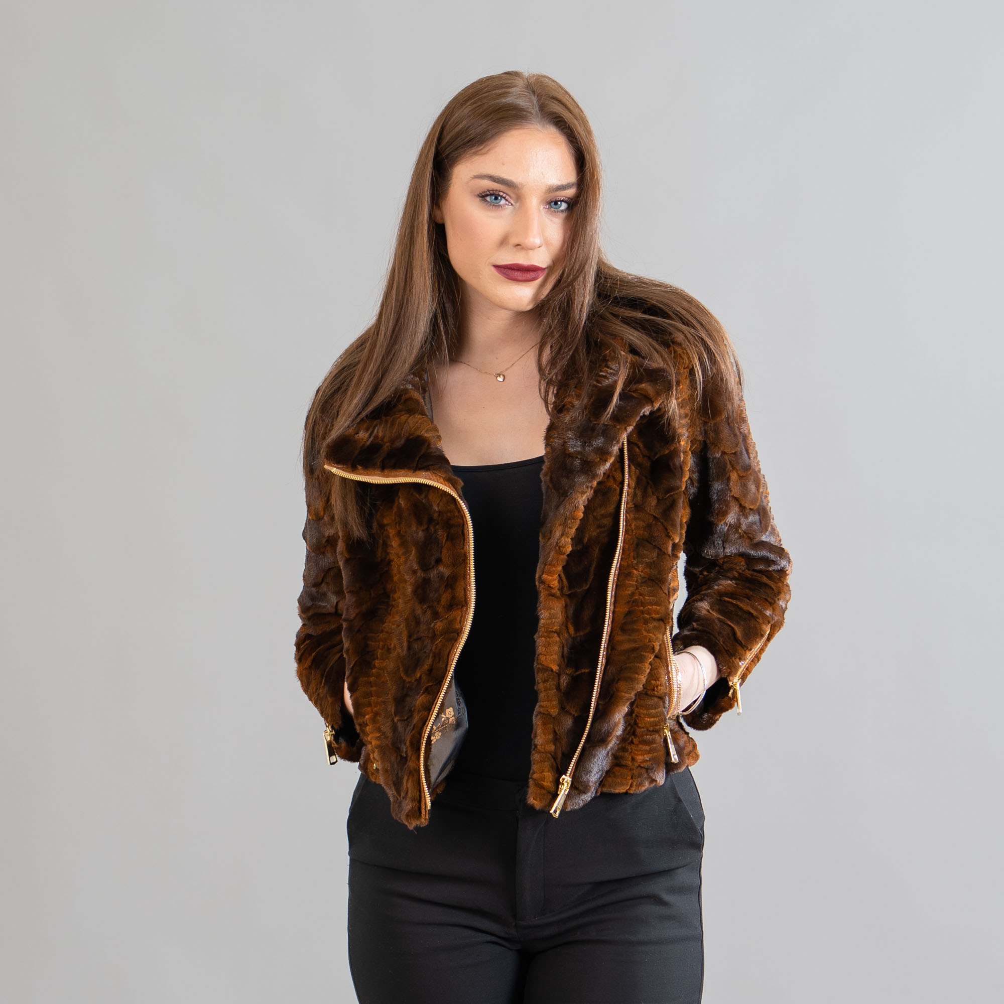 Mink fur jacket in brown color. 
