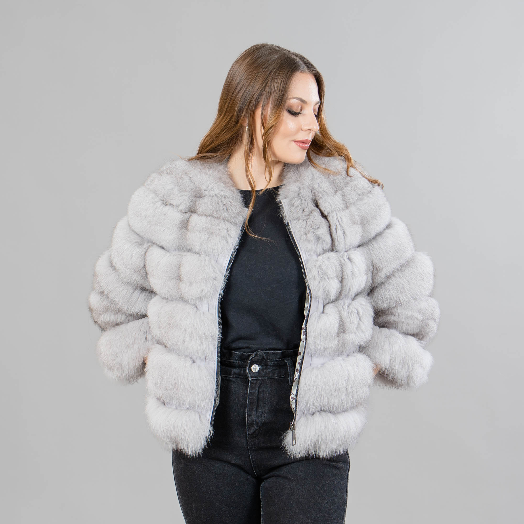 Fox fur jacket with leather details in gray color
