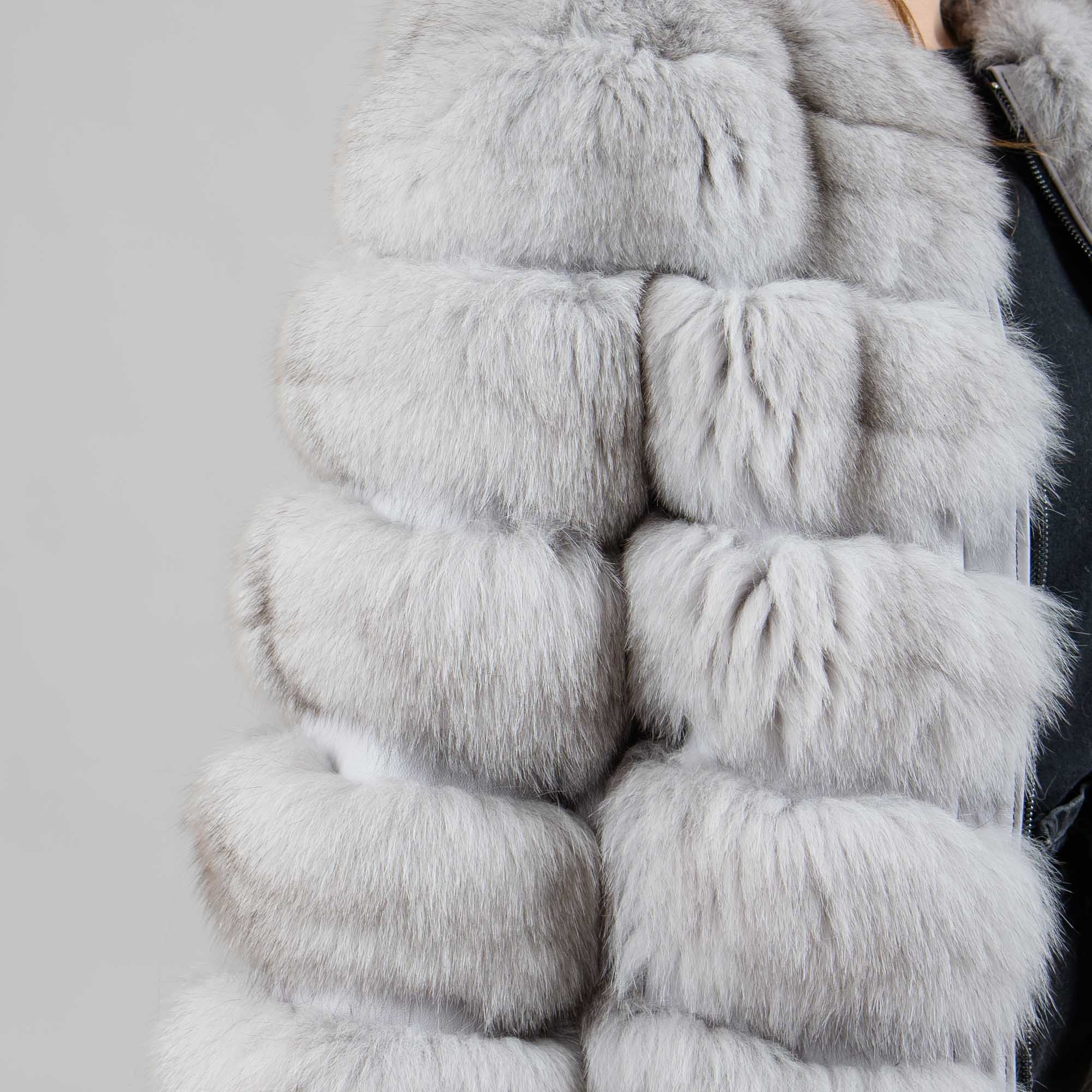 Fox fur jacket with leather details in gray color