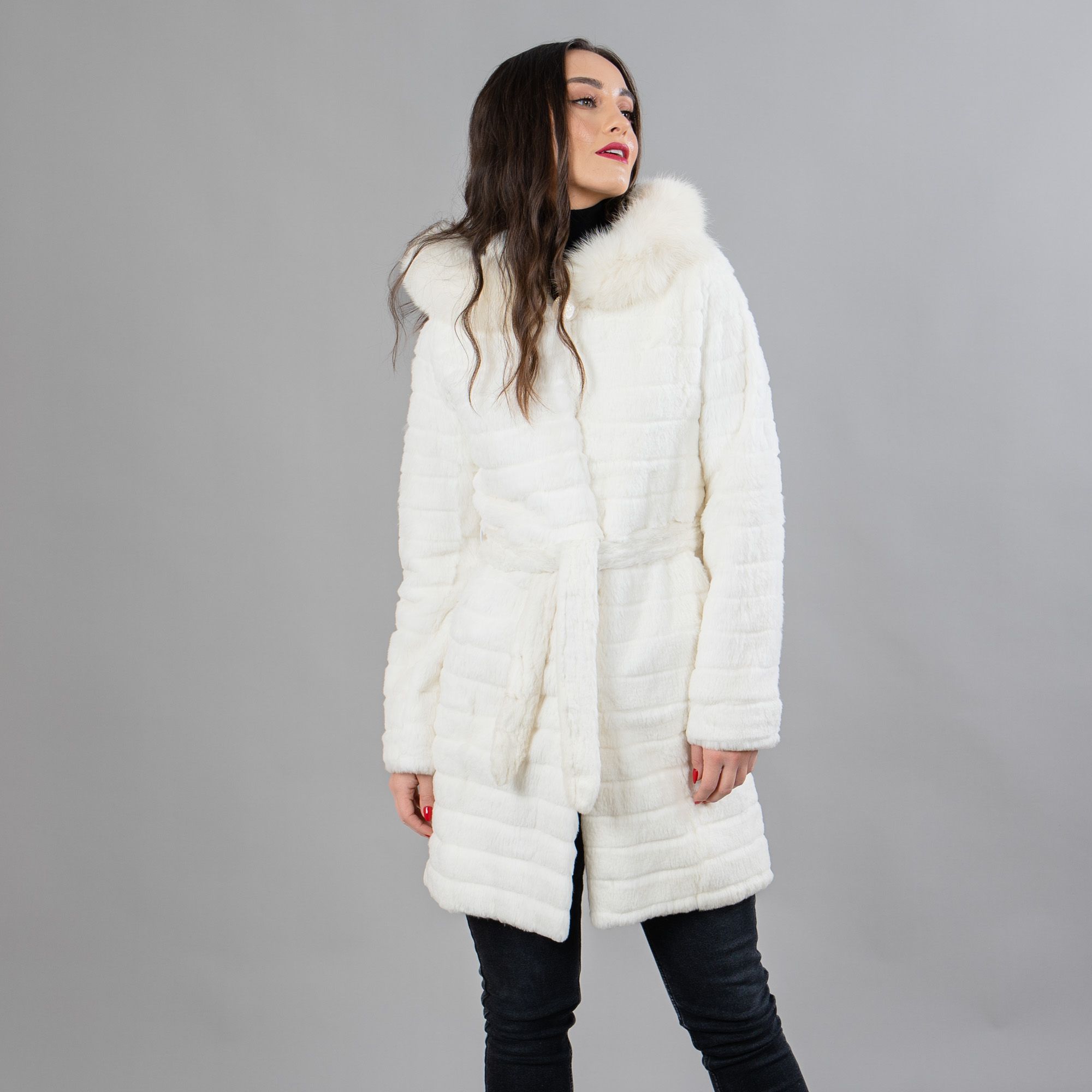 White rabbit fur coat with fox fur details and a belt
