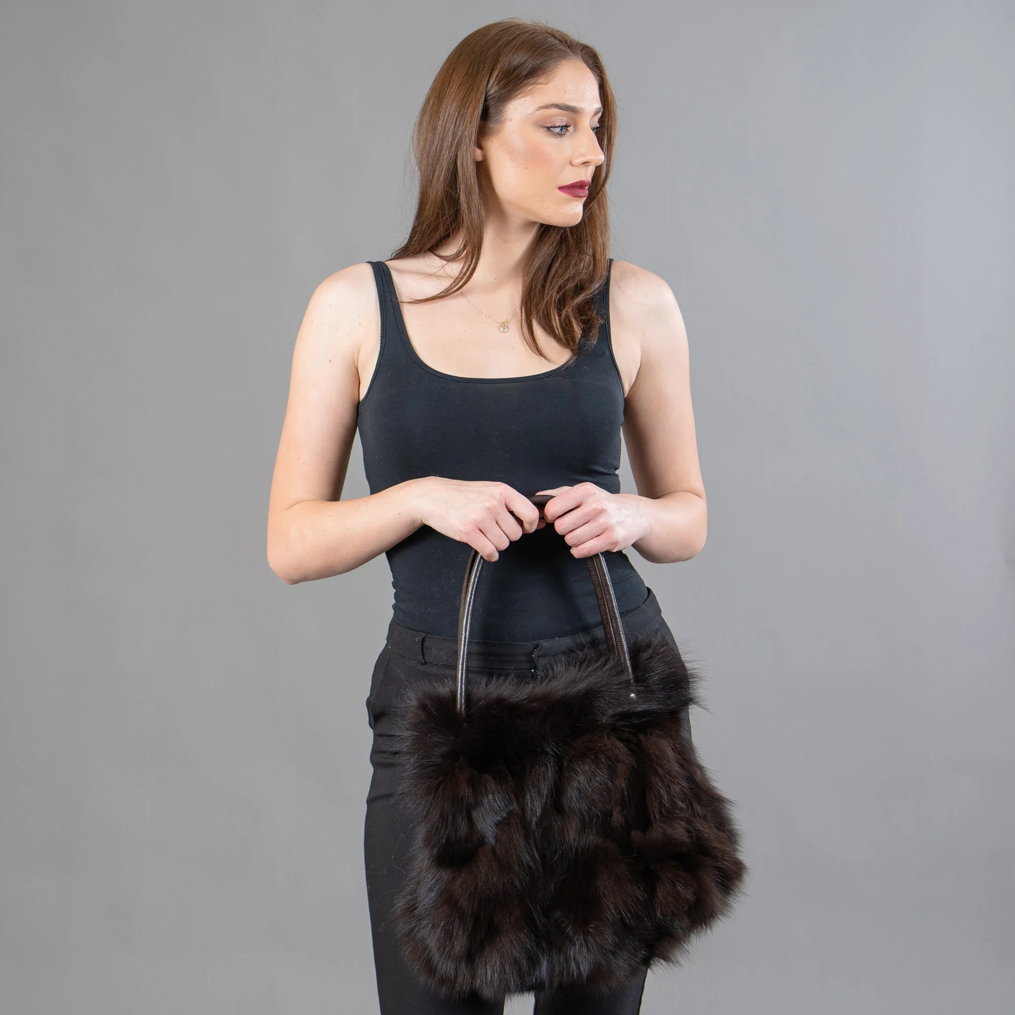 Fox fur handbag in brown color