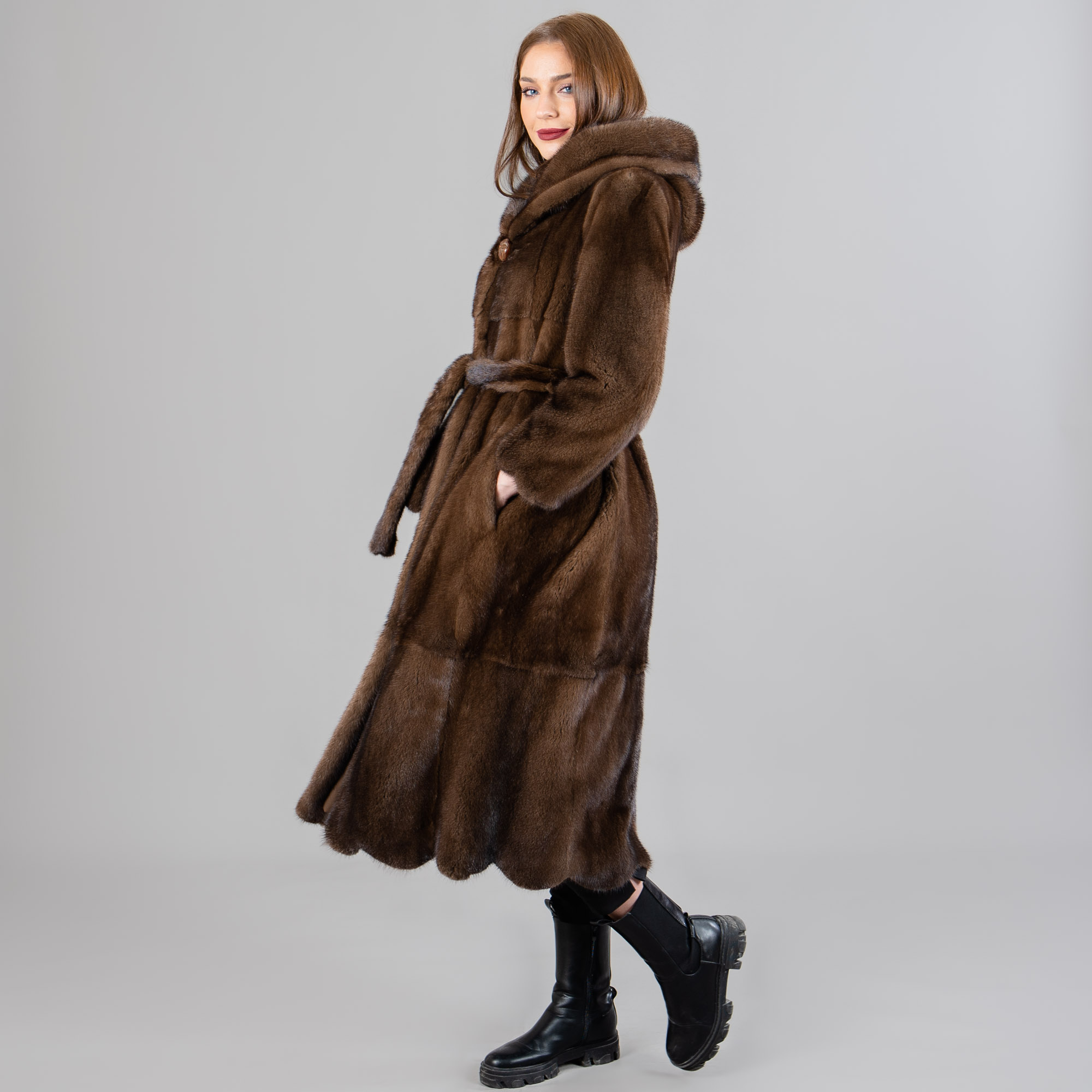 καφέ γούνινο βιζόν παλτό με κουκούλα