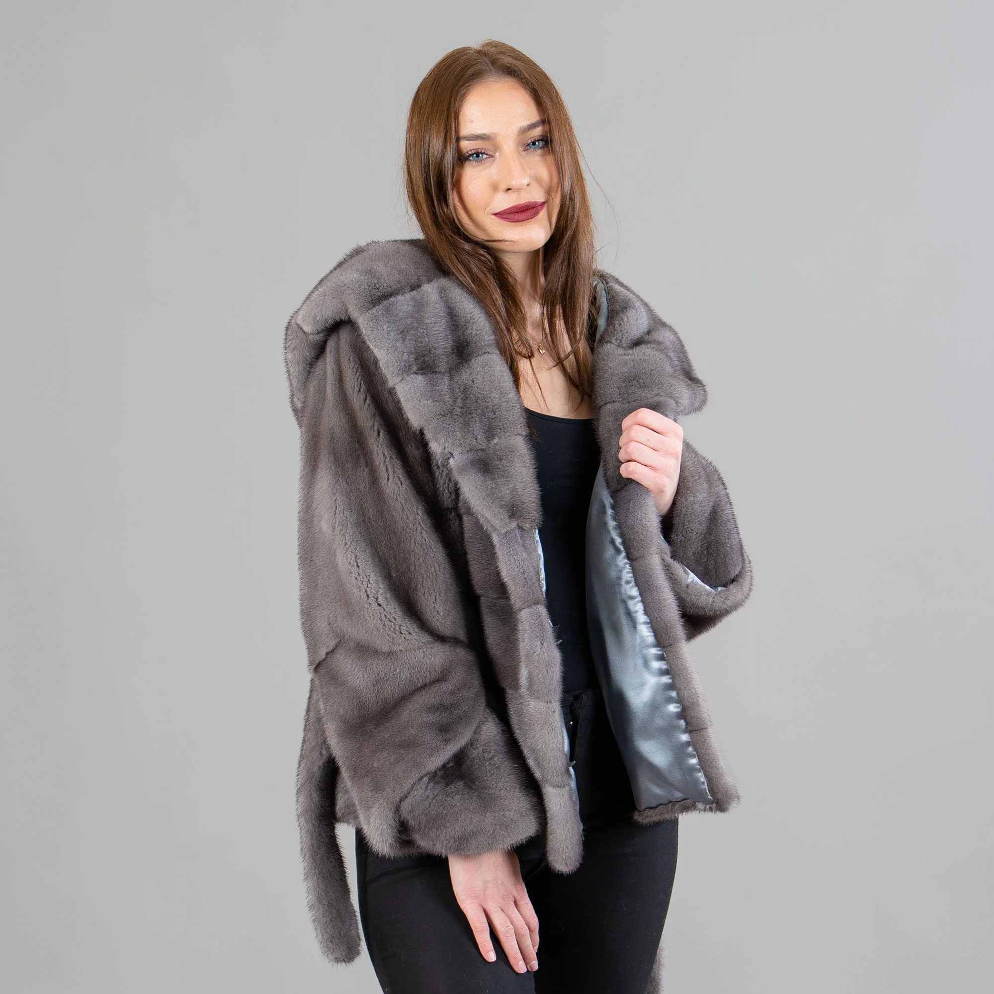 Dark gray mink fur jacket with a hood and belt