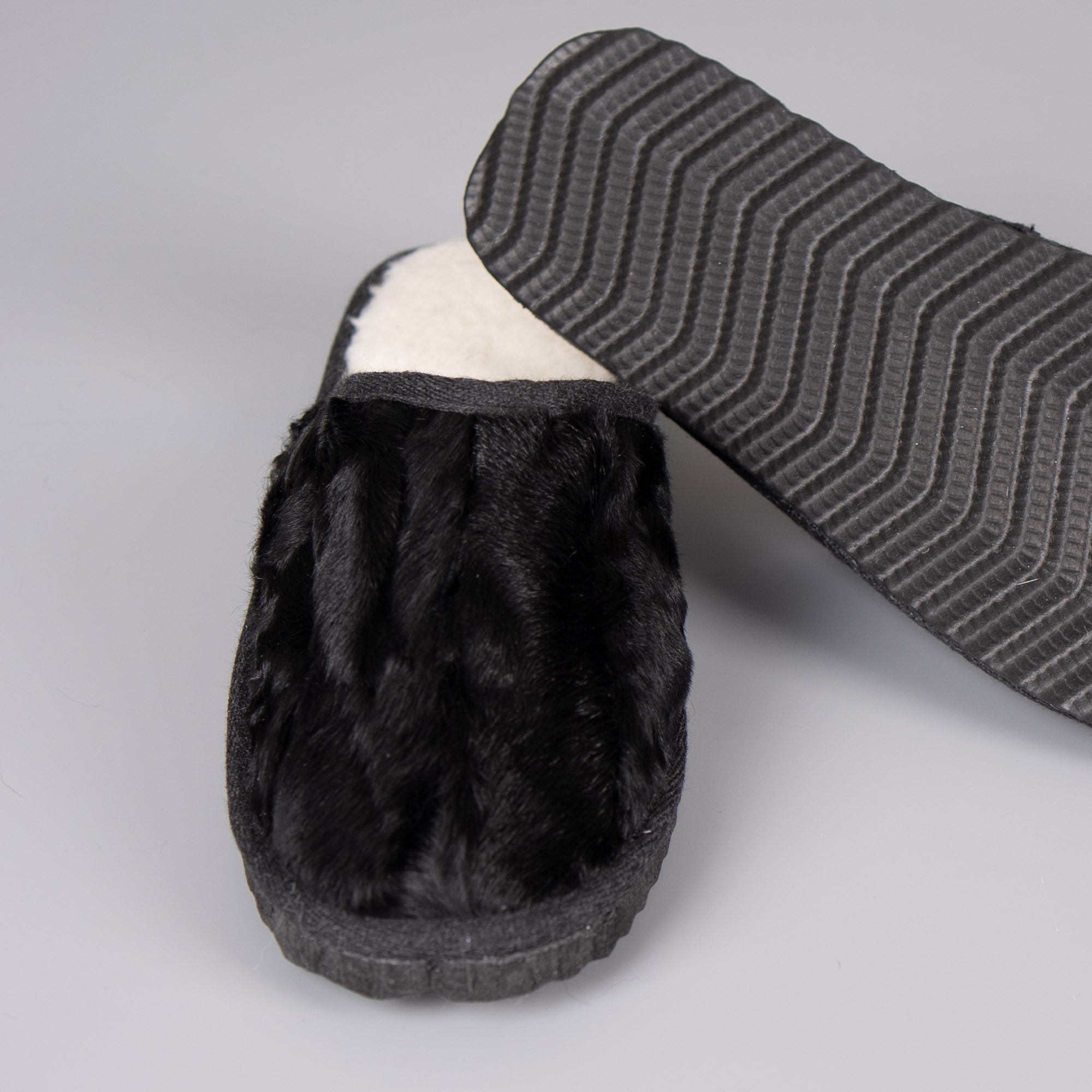 Men's black Astrakhan fur slippers. 