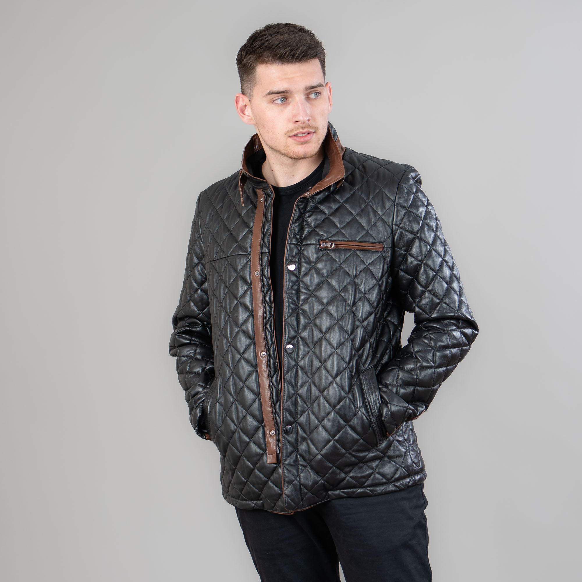 Black leather jacket with brown details