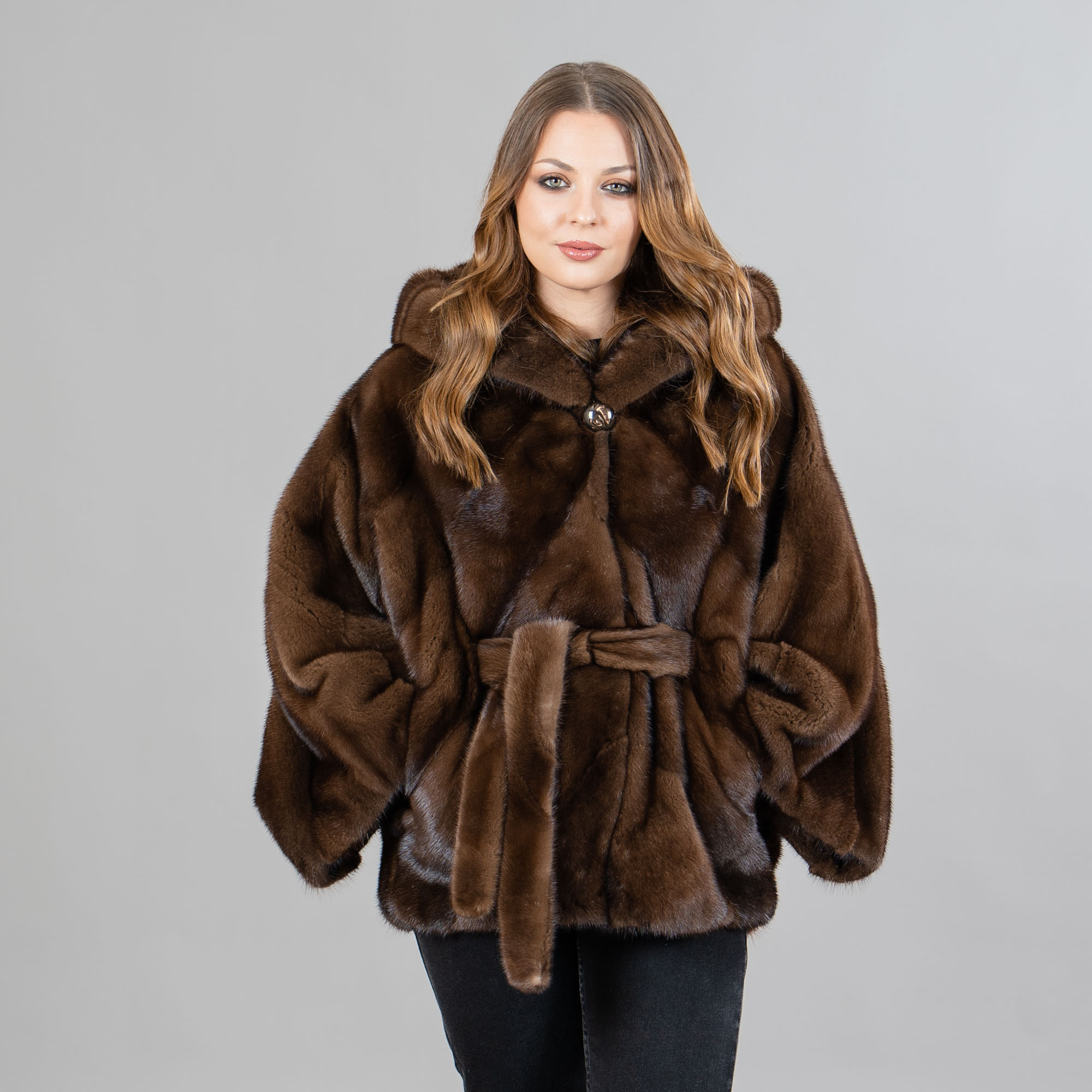 Mink fur cape with a hood and belt in brown color