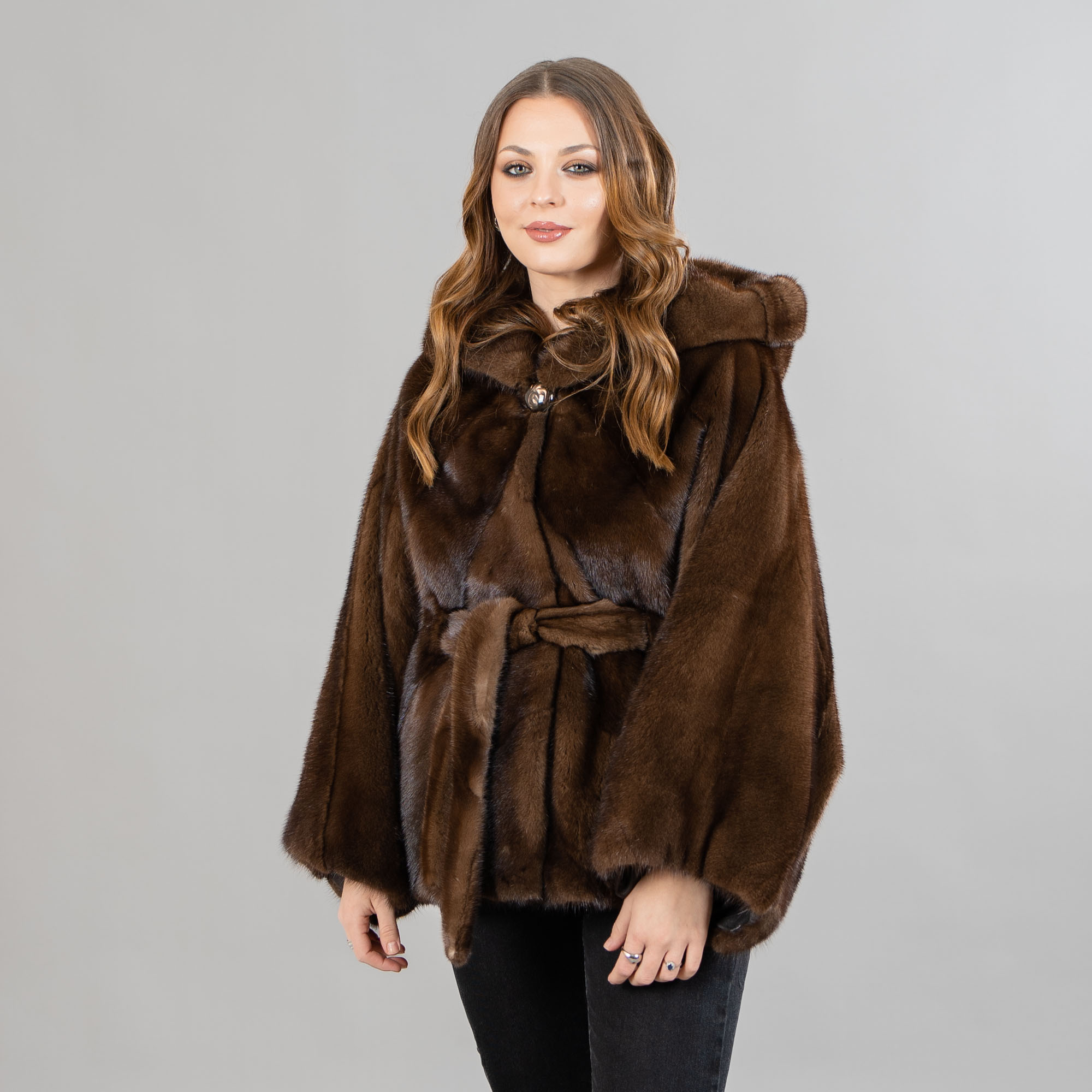Mink fur cape with a hood and belt in brown color