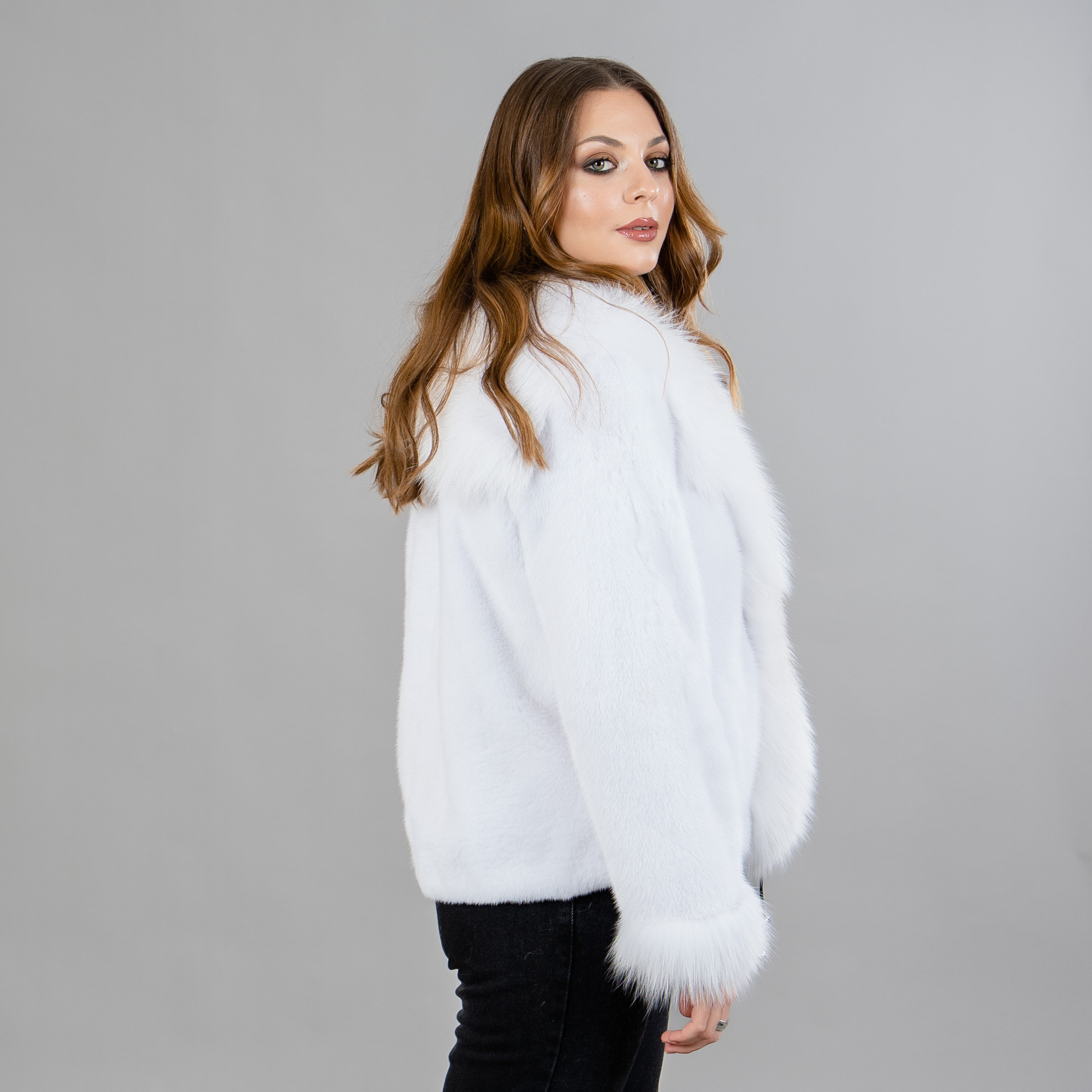 White mink fur jacket with fox fur details